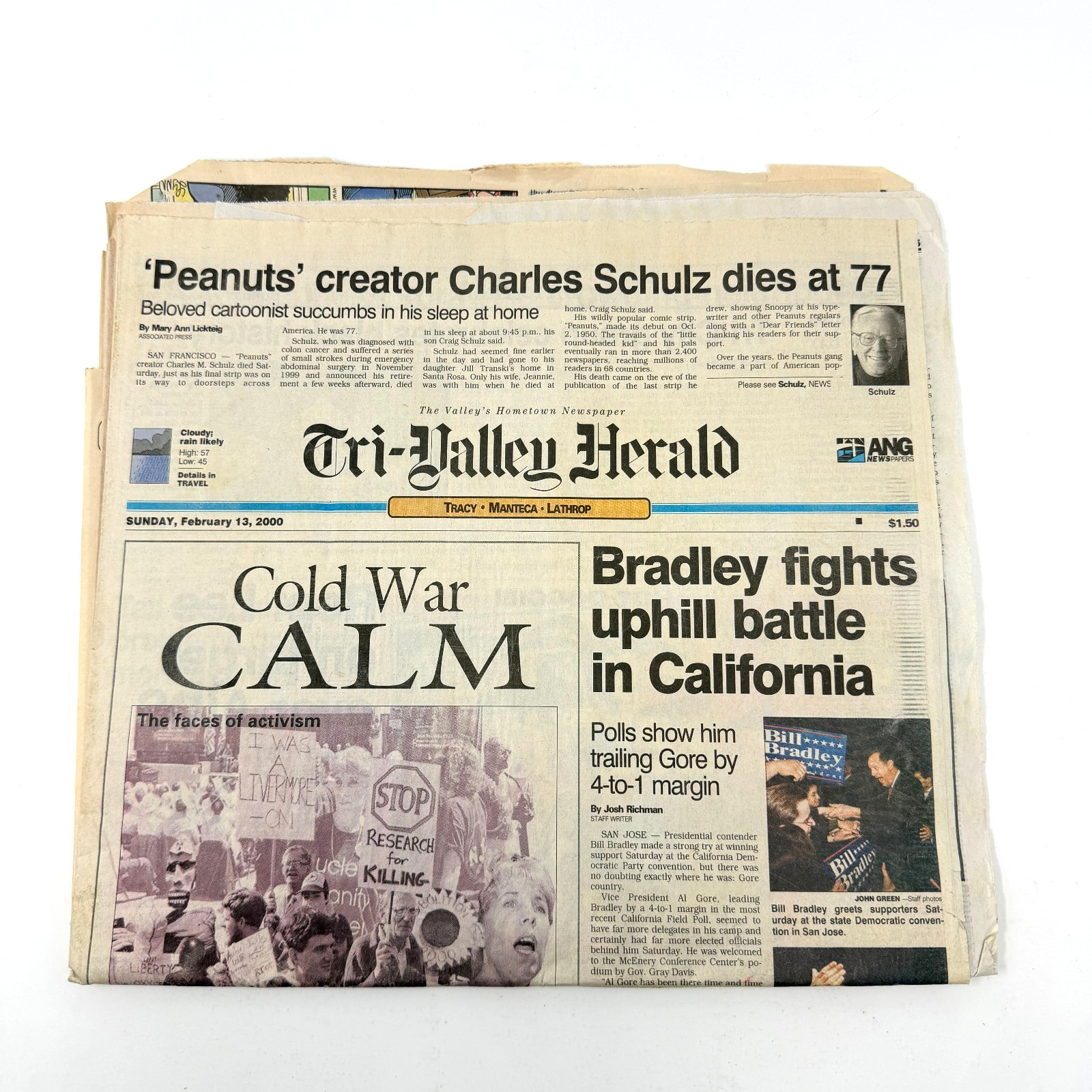 Charles Schulz Peanuts Death Newspaper Tri-Valley Herald Feb 13 2000 Snoopy