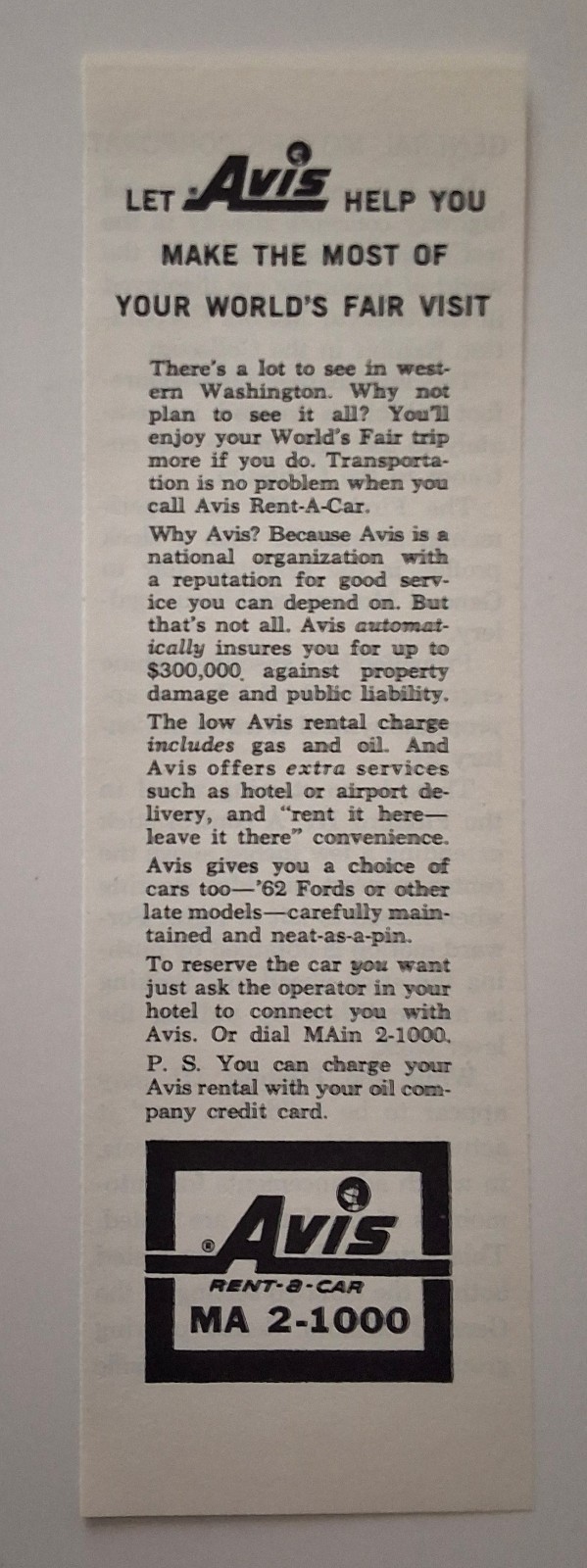 Vintage Seattle World's Fair - Avis Rent A Car - 1962 AD Classic Automobile Art