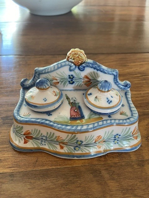 French Faience Henroit Quimper double inkwell with Breton standing woman