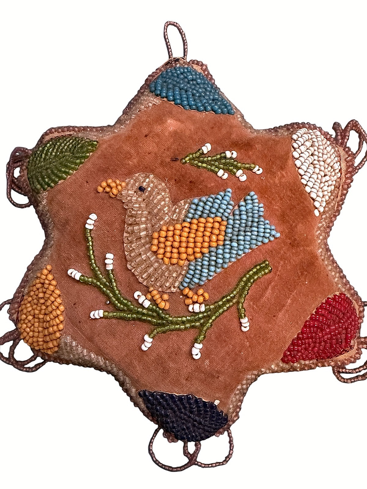 VICTORIAN NATIVE AMERICAN IROQUOIS WHIMSEY WALL PINCUSHION STAR 9” RAISED BEADS