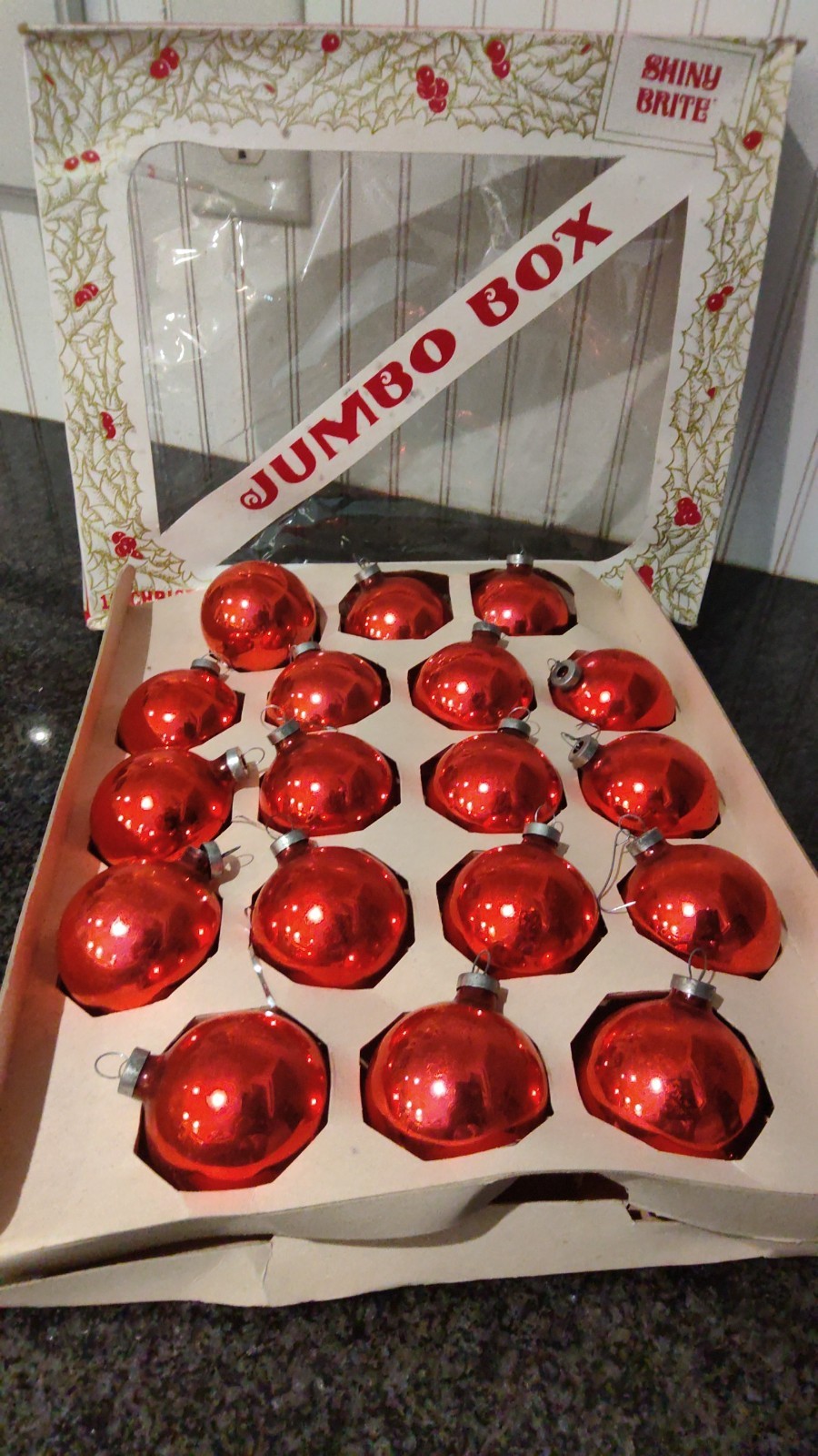 VTG SHINY BRITE JUMBO Box of 18 Mercury Glass Red 2