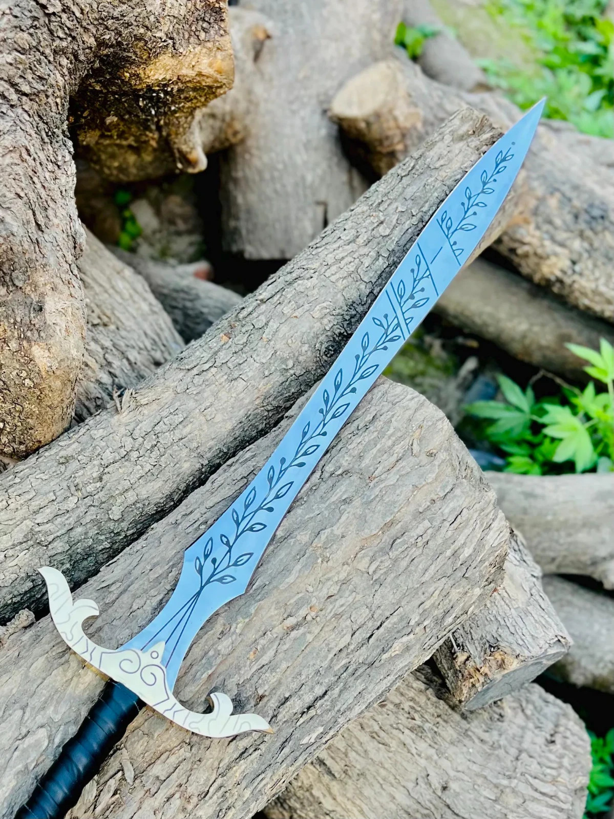 Handcrafted Elven Sword, Vine Engraved Blade, Medieval Fantasy Display Prop