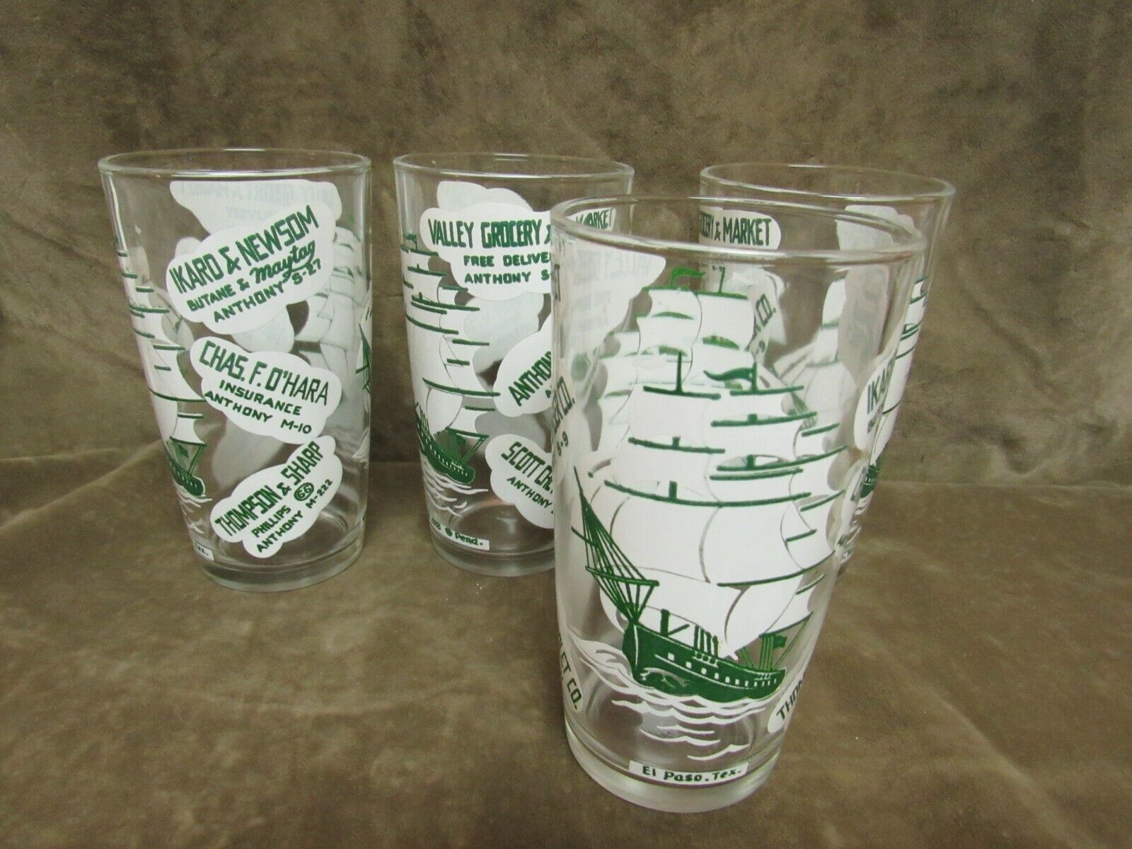 Vintage El Paso Texas Decorated Glass Tumbler Lot of 4 Advertising Green White