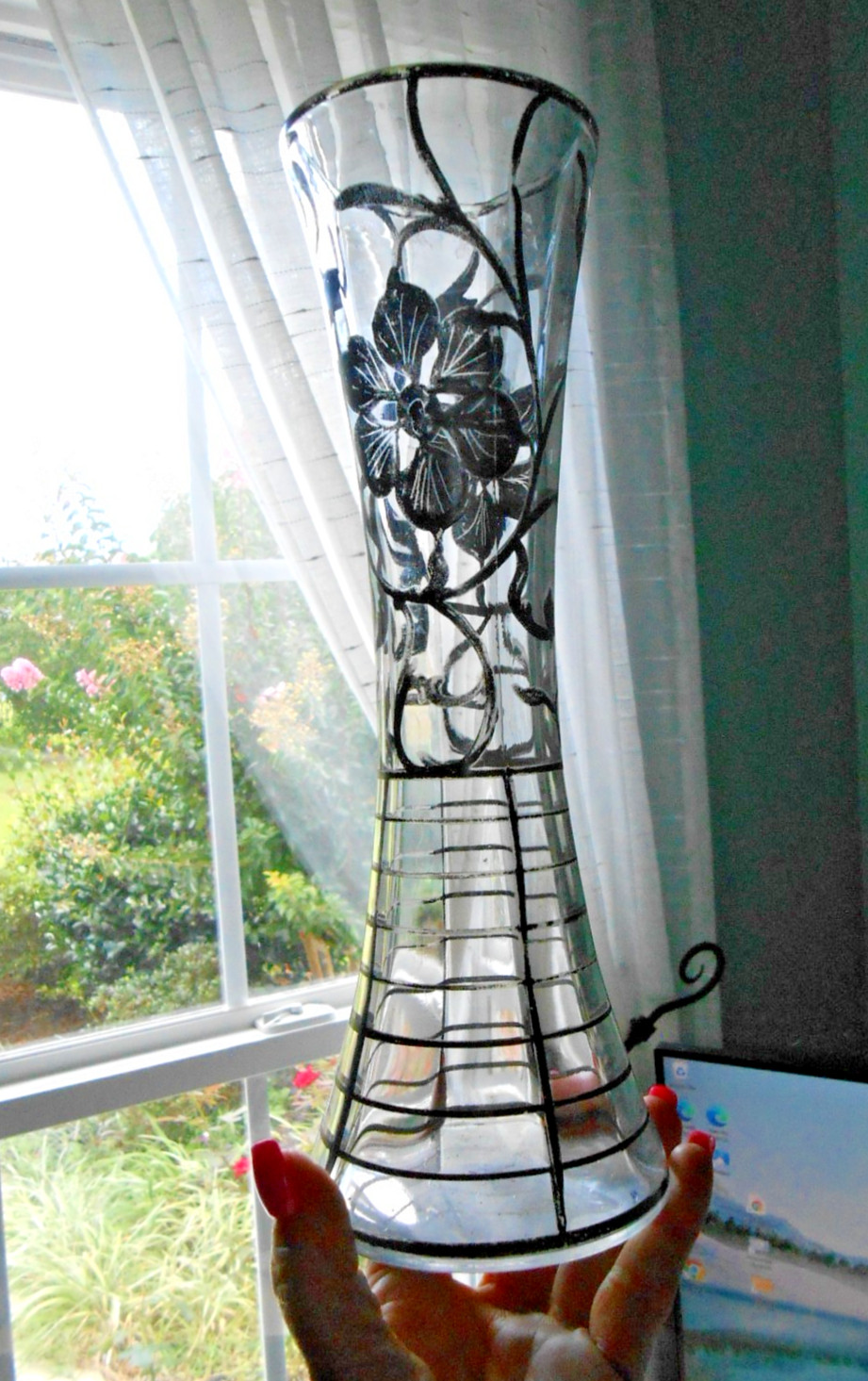Antique Silver City Glass Vase Electro Sterling Overlay Floral Filigree c. 1930- Antique Silver City Glass Vase Electro Sterling Overlay Floral Filigree c. 1930-
