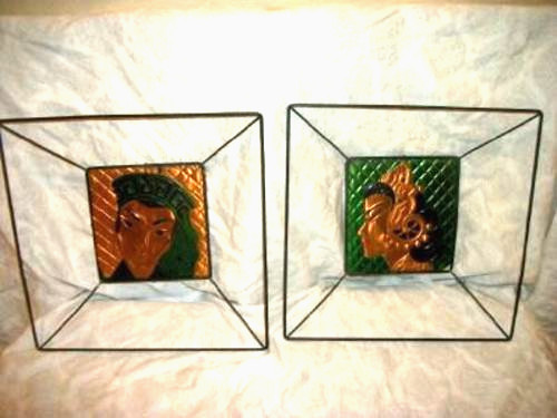 MCM Copper Art Asian Couple Plaques California 1960s Wire Frames 1960s Oriental