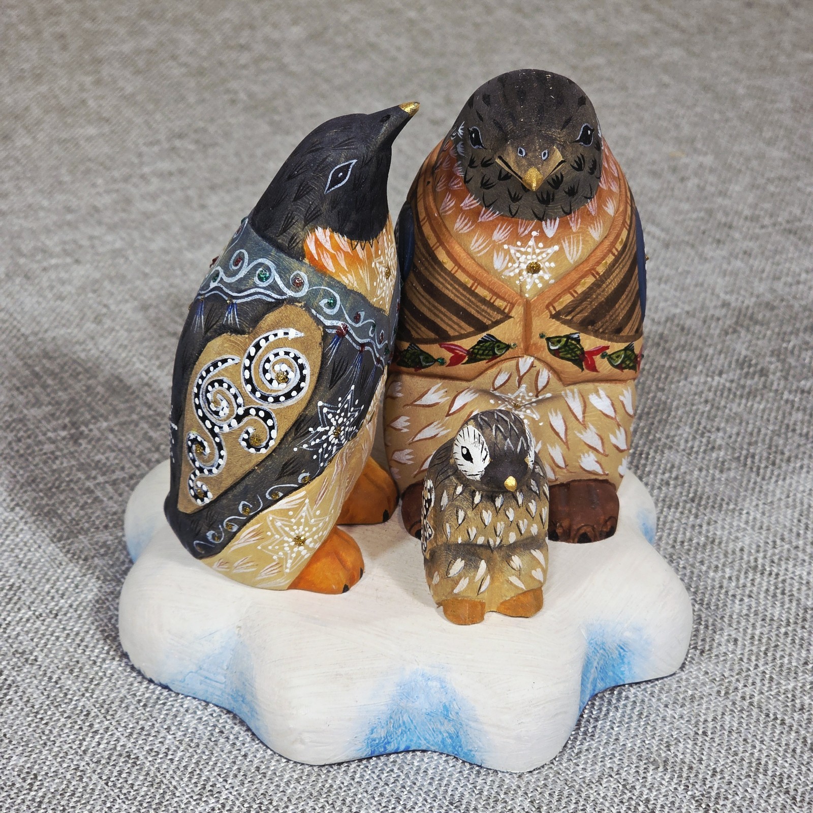 Russian Folk Art Hand Carved Wood Penguin Family Figurine, Hand Painted, Signed