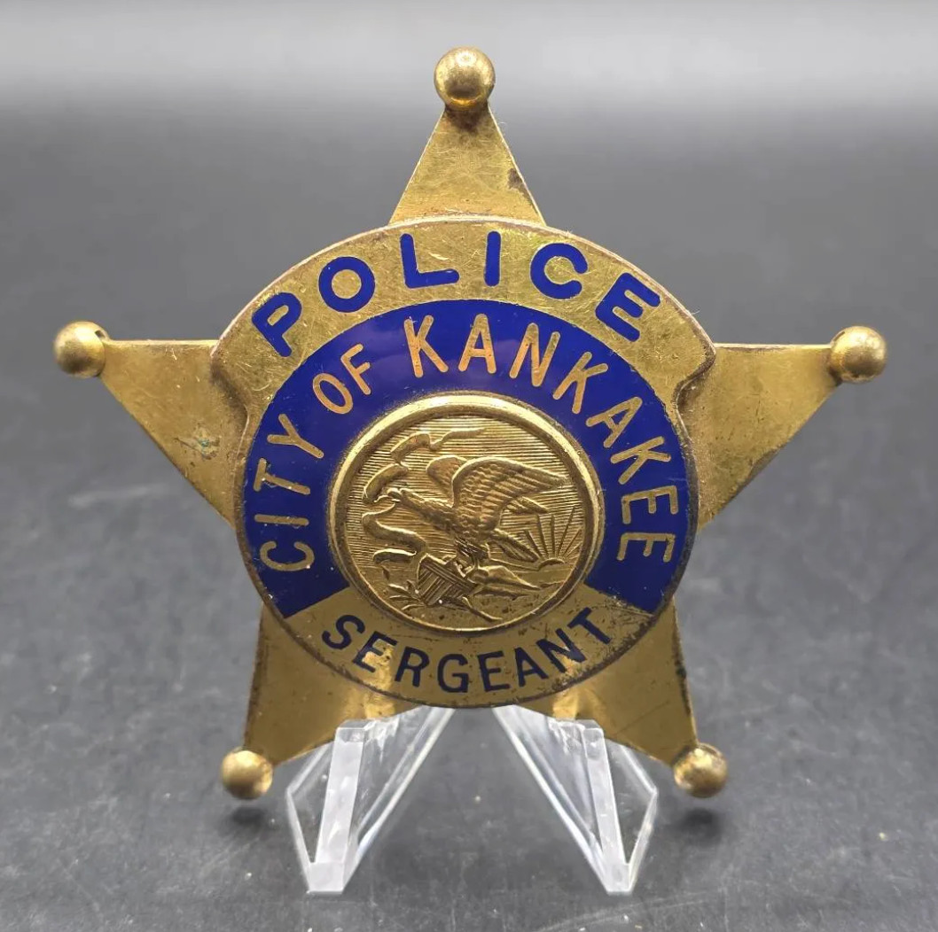 Obsolete Vintage Kankakee Illinois Police Sergeant Badge Star Hat Blue Enamel