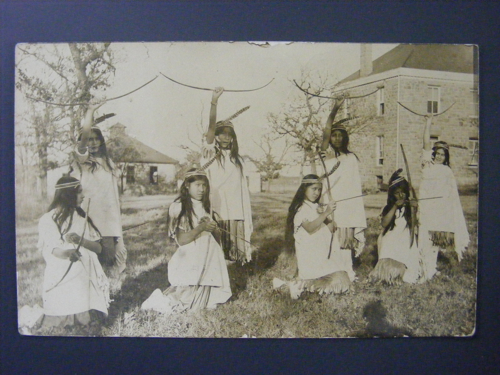 Blackwell Oklahoma Indian School Girls Bow Arrow Real Photo Postcard RPPC c1910
