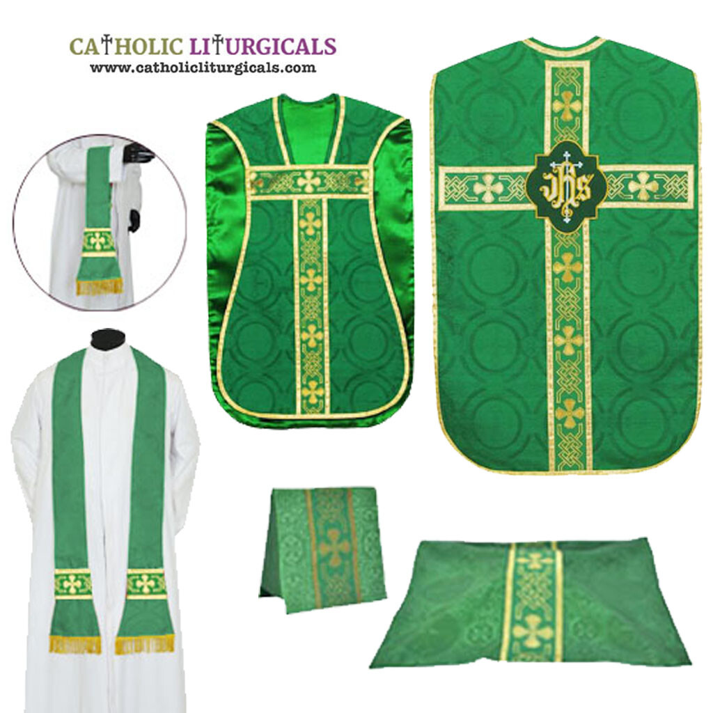 NEW Green Roman Fiddleback Chasuble, Fiddleback Vestment 5pcs Mass Set, Casulla NEW Green Roman Fiddleback Chasuble, Fiddleback Vestment 5pcs Mass Set, Casulla
