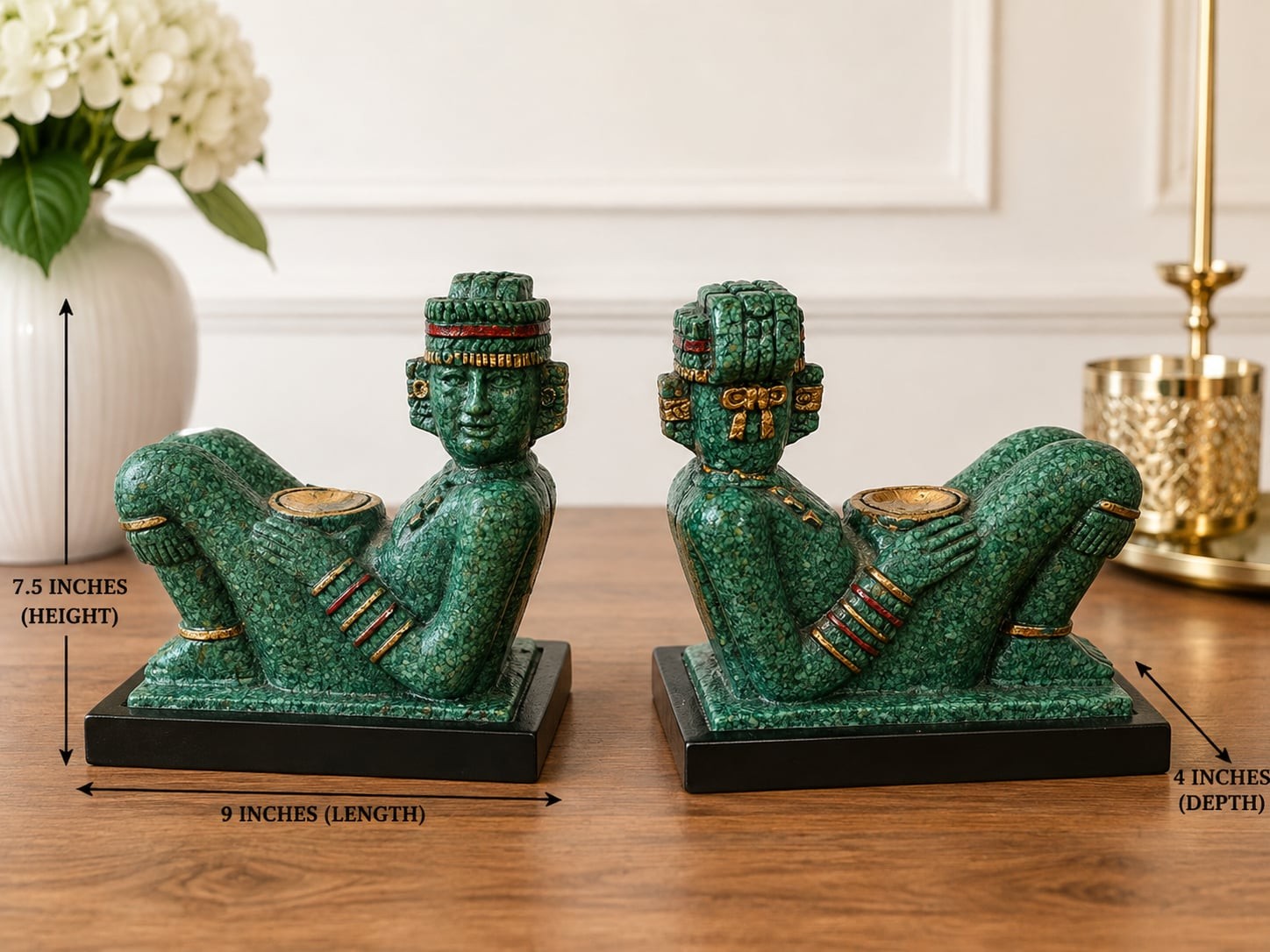 Pair of Vintage Chac Mool Aztec Warrior Figurine Candle Holders Green