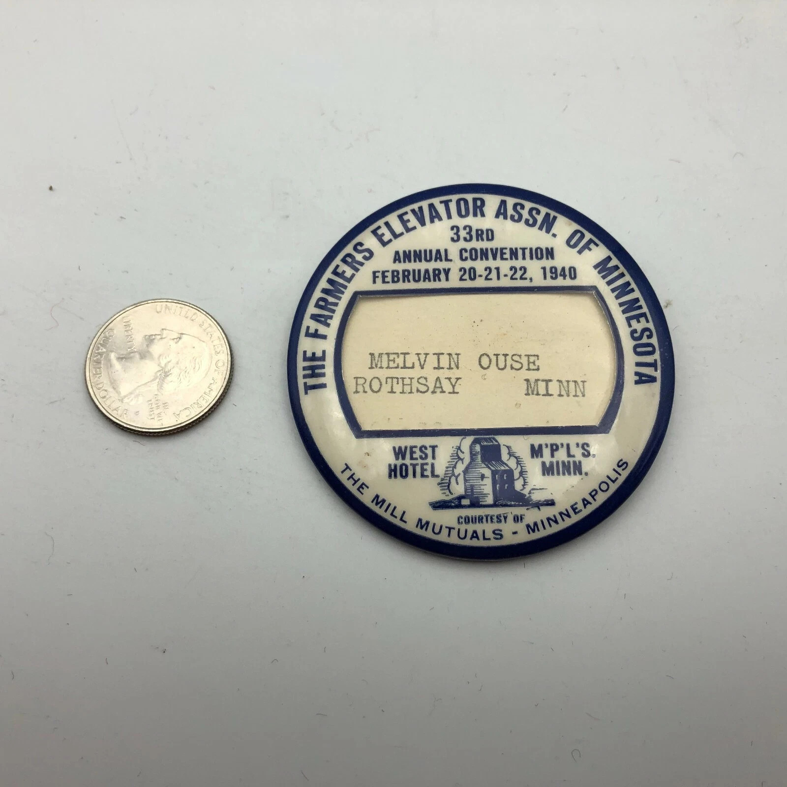 Pinback Farmers Elevator Assn Minnesota 33rd Convention West Hotel Vintage 1940