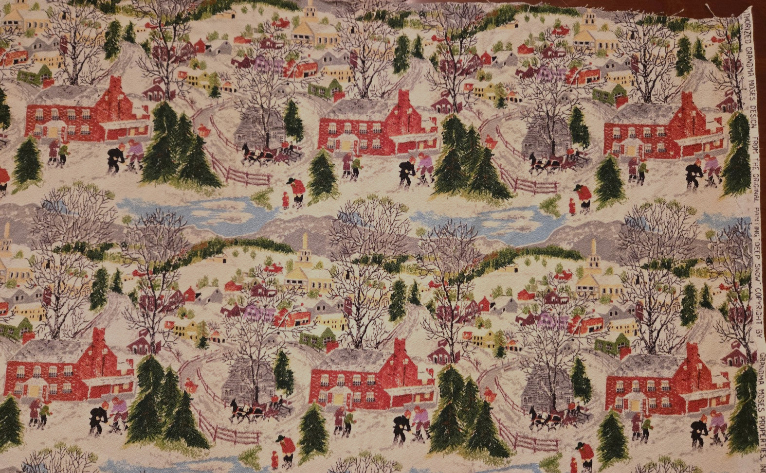 Vintage DEEP SNOW Grandna Moses Barkcloth Fabric - Excellent