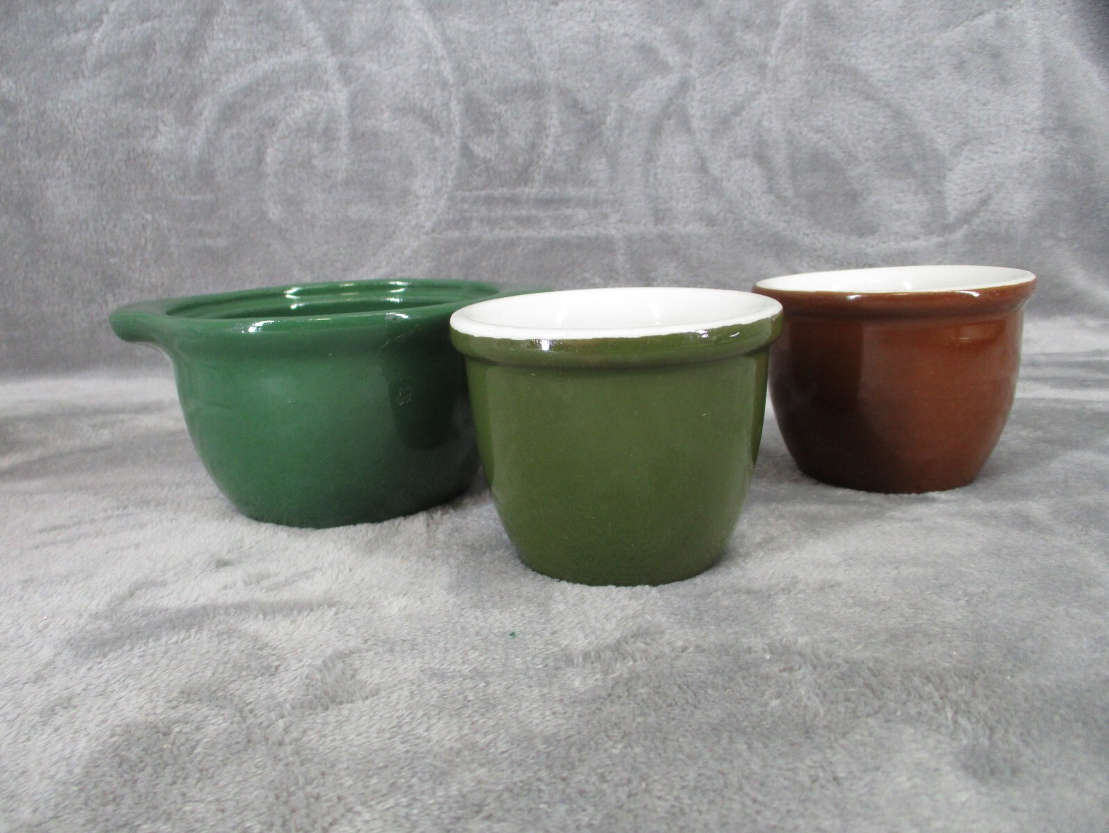 Hall USA Ramekins Custard Pudding Cups 351 1/4 Ceramic Green Brown Vintage 3 pcs