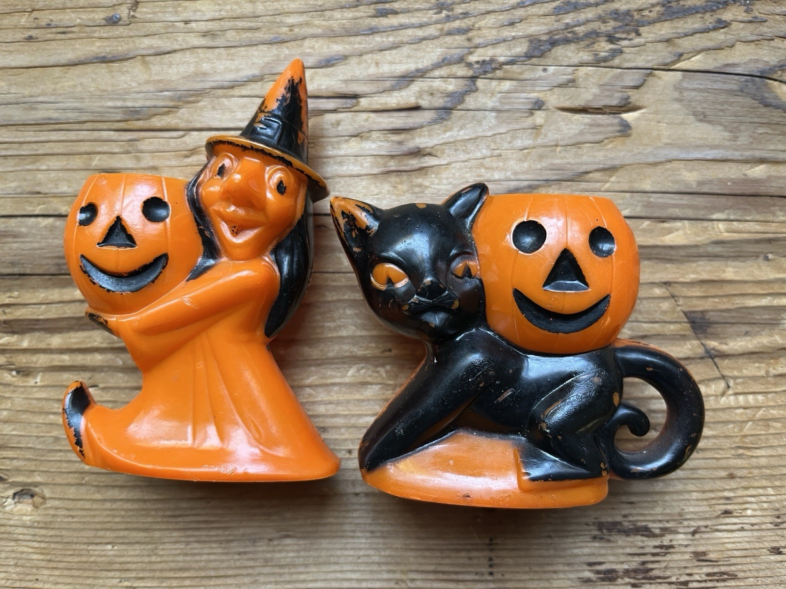 Vintage Halloween Rosbro Witch with Pumpkin And Cat blow mold plastic lot of 2