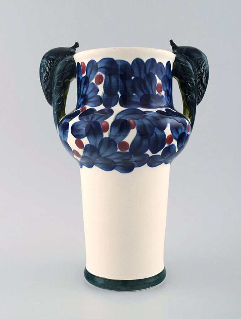 Aluminia, Copenhagen, rare snail vase, hand painted with snails and floral motif