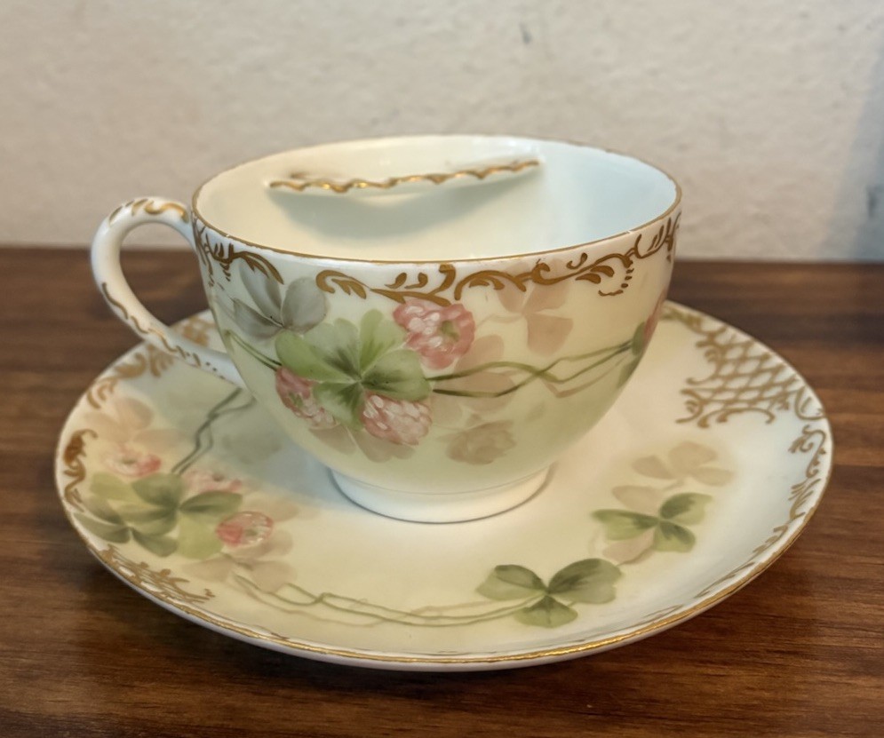 Antique Jean Pouyat JPL Limoges Porcelain Mustache Teacup & Saucer Set