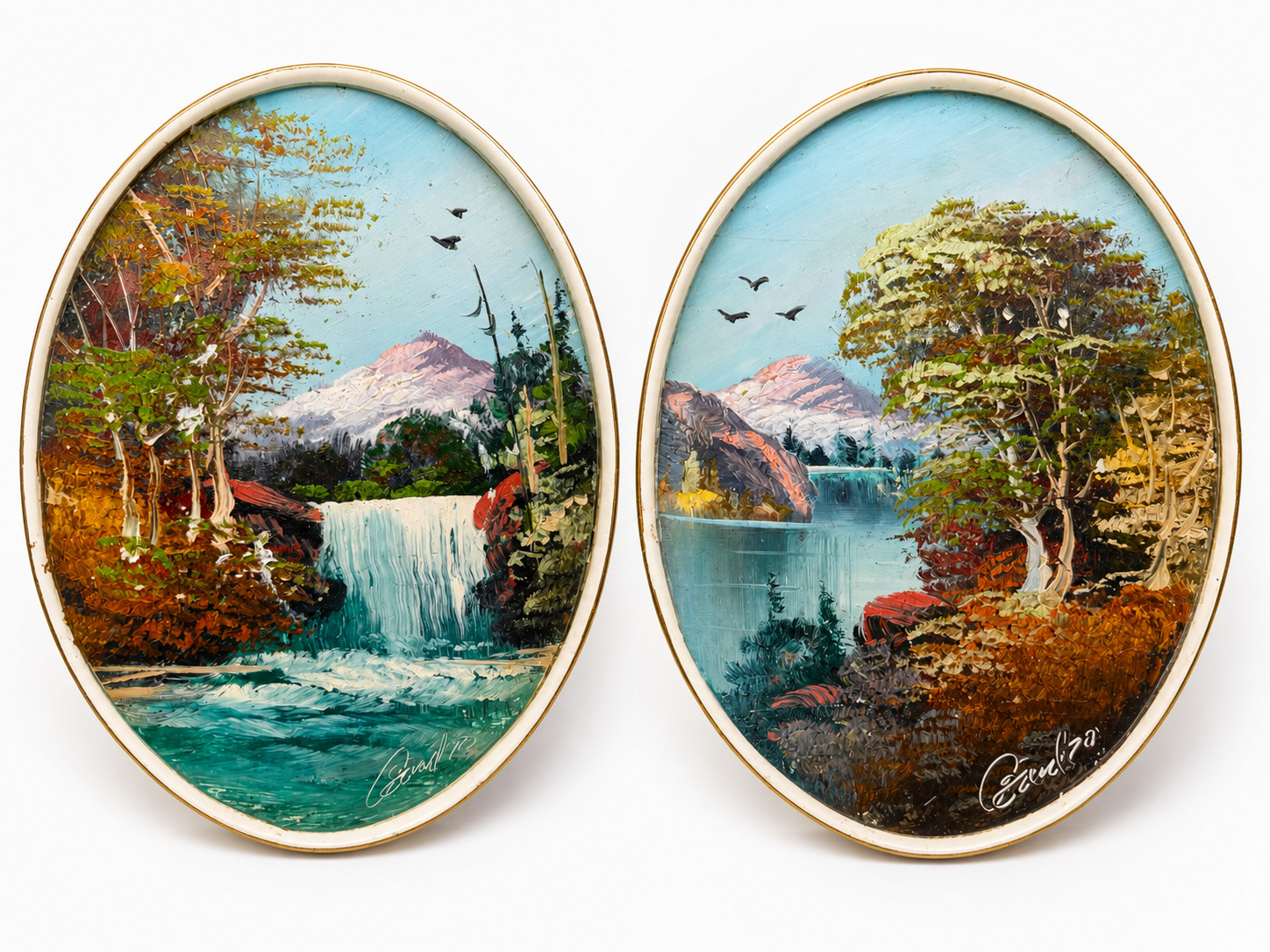 Vintage 1982 Hand Painted Ceramic Wall Plates Set Signed Landscape Art Textured 