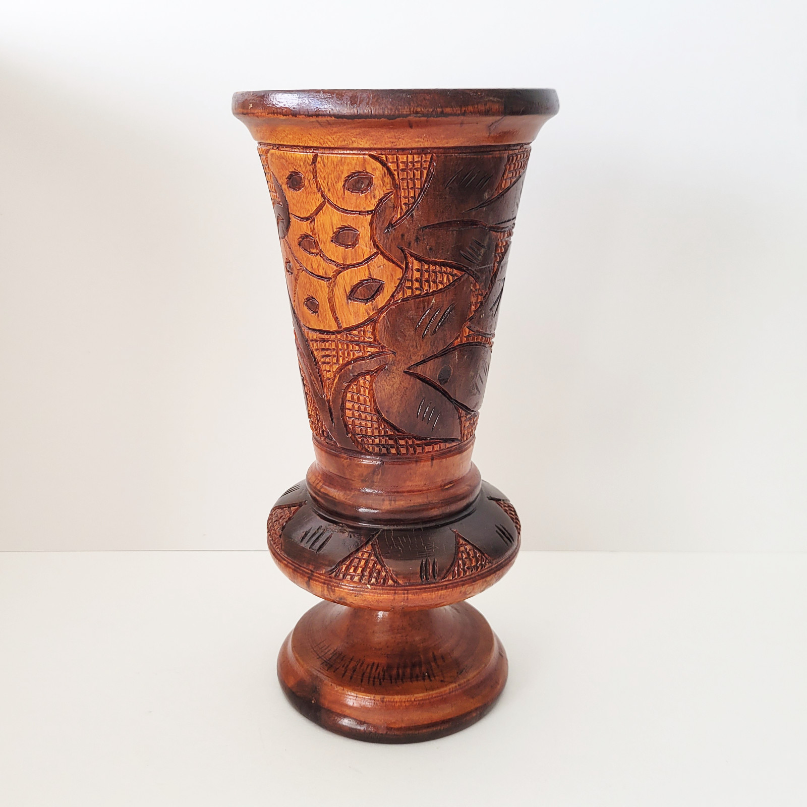Vtg Hand-Carved Pineapple Floral Design Tropical Wood Pedestal Vase 10.5