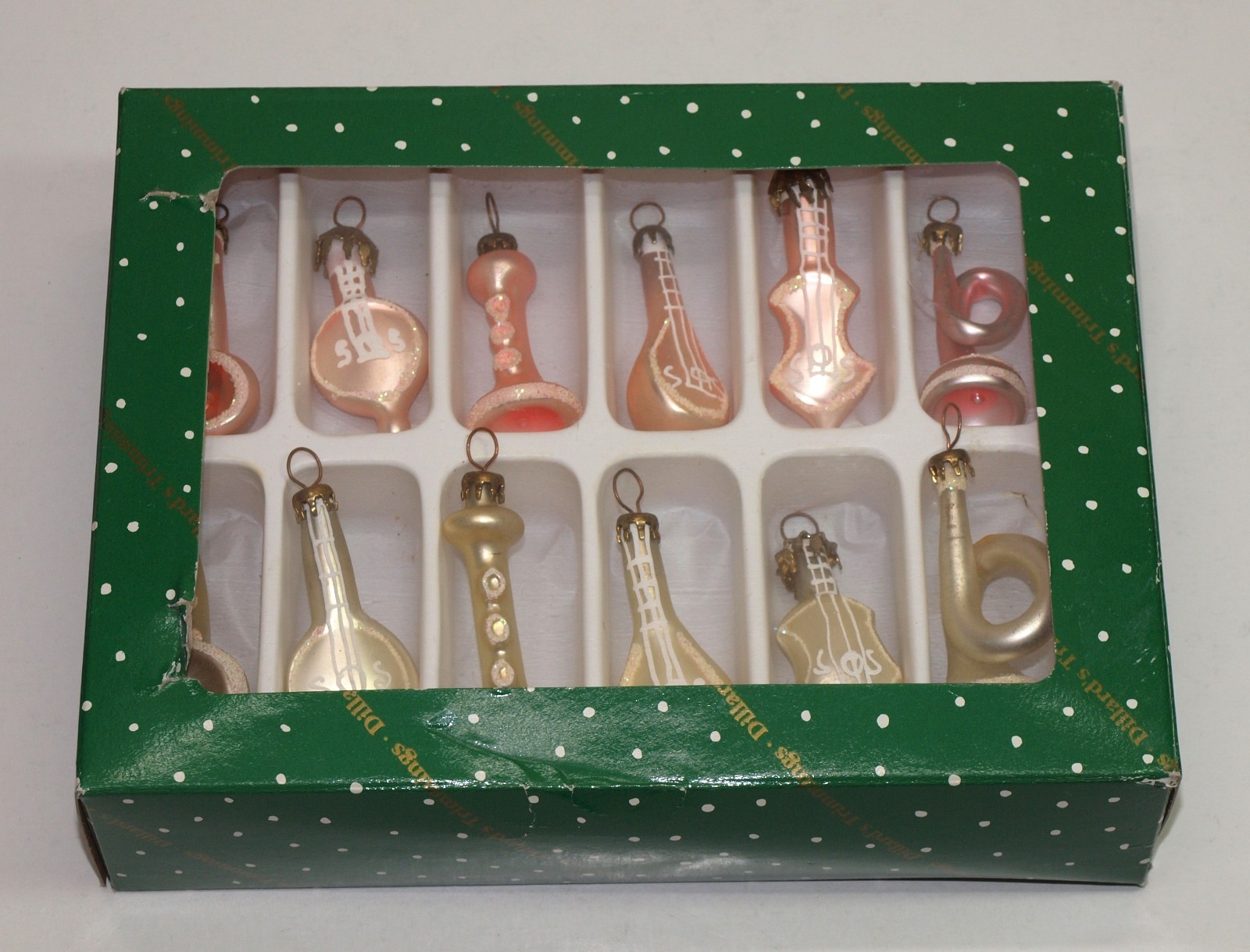 Dillard Trimmings Miniature 12 PINK & WHITE MUSICAL INSTRUMENTS Glass Ornaments