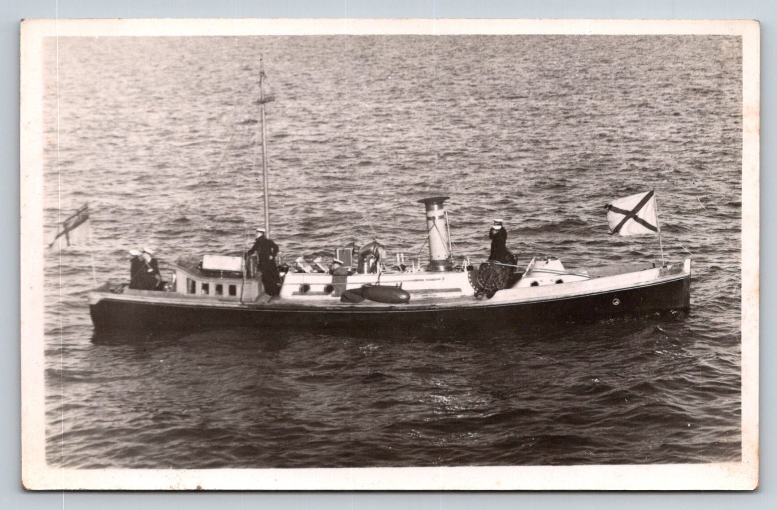 Vintage RPPC Small Naval Yacht Ship St. Andrew\'s Cross Flag Sailors Postcard