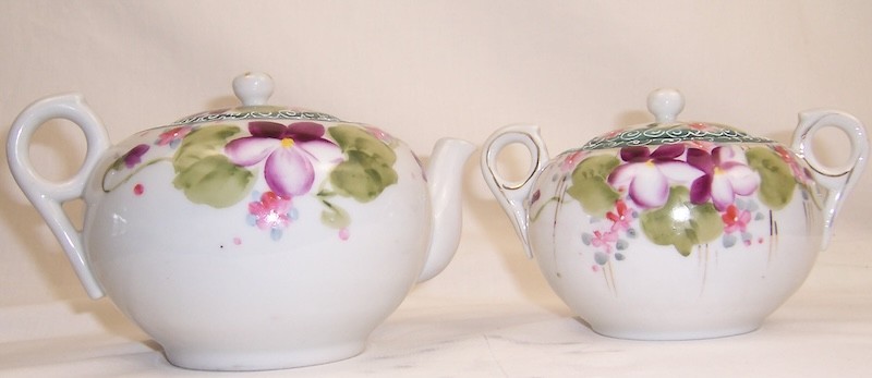 Antique Nippon TE-OH China Hand Painted Moriage Violet Teapot Sugar Bowl Set