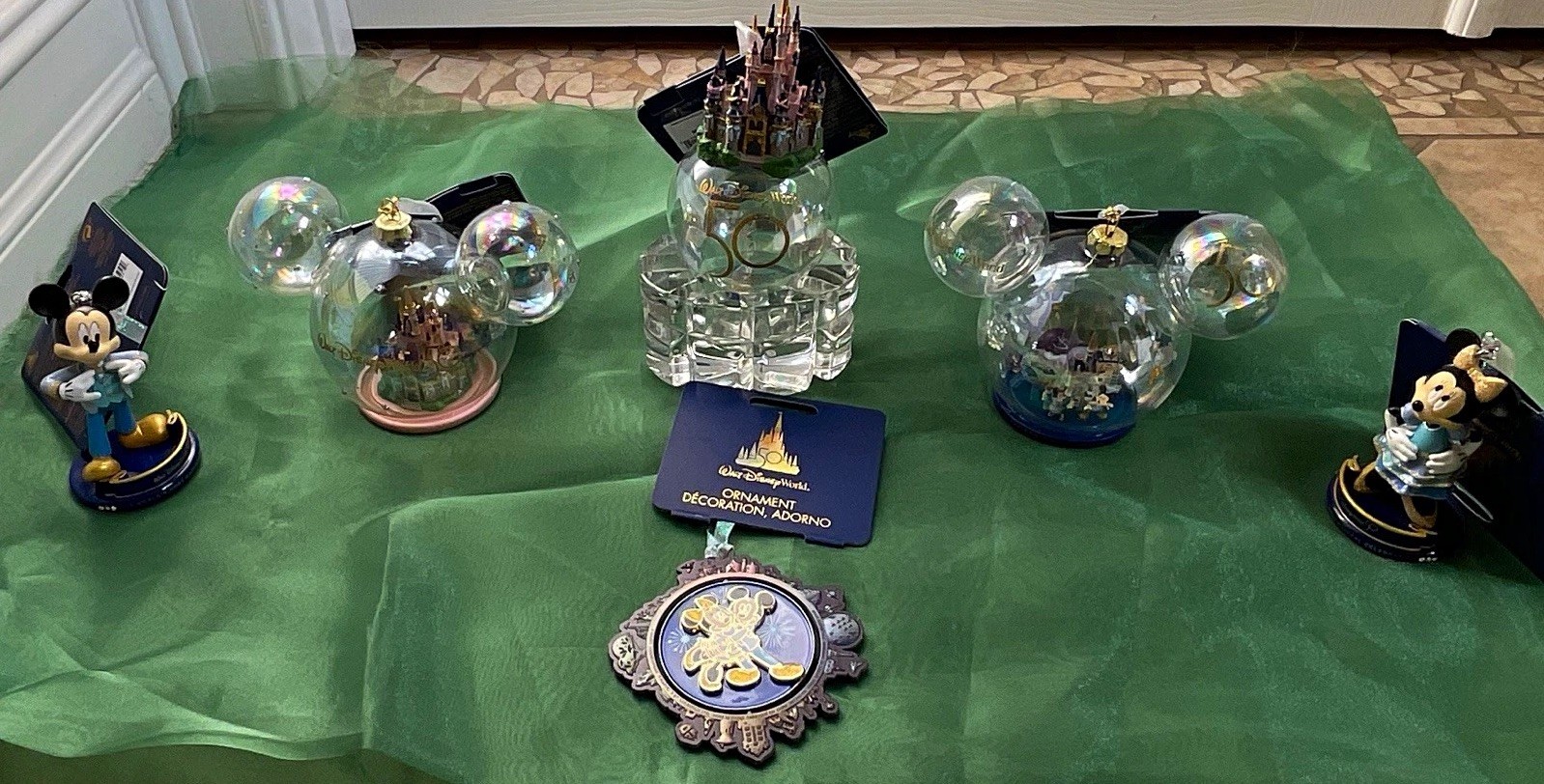Disney World 50th Anniversary Mickey Mouse Glass & Crystal Castle Ornament lot 