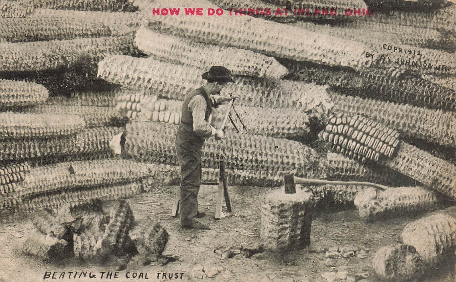 LP81 Corn Exaggeration Beating the Coal Trust 1912 Johnson  Comic Postcard