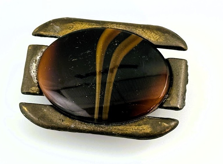 Vtg Belt Buckle Sculptural Brass Gold Tone Oval Cabochon Brown Stone Brutalist