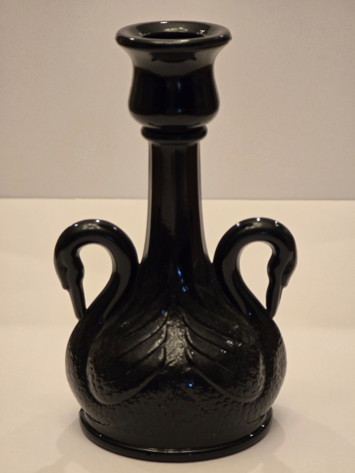 Fenton 1930's Swan Candle Holder (ONE ONLY), Black Amethyst Glass