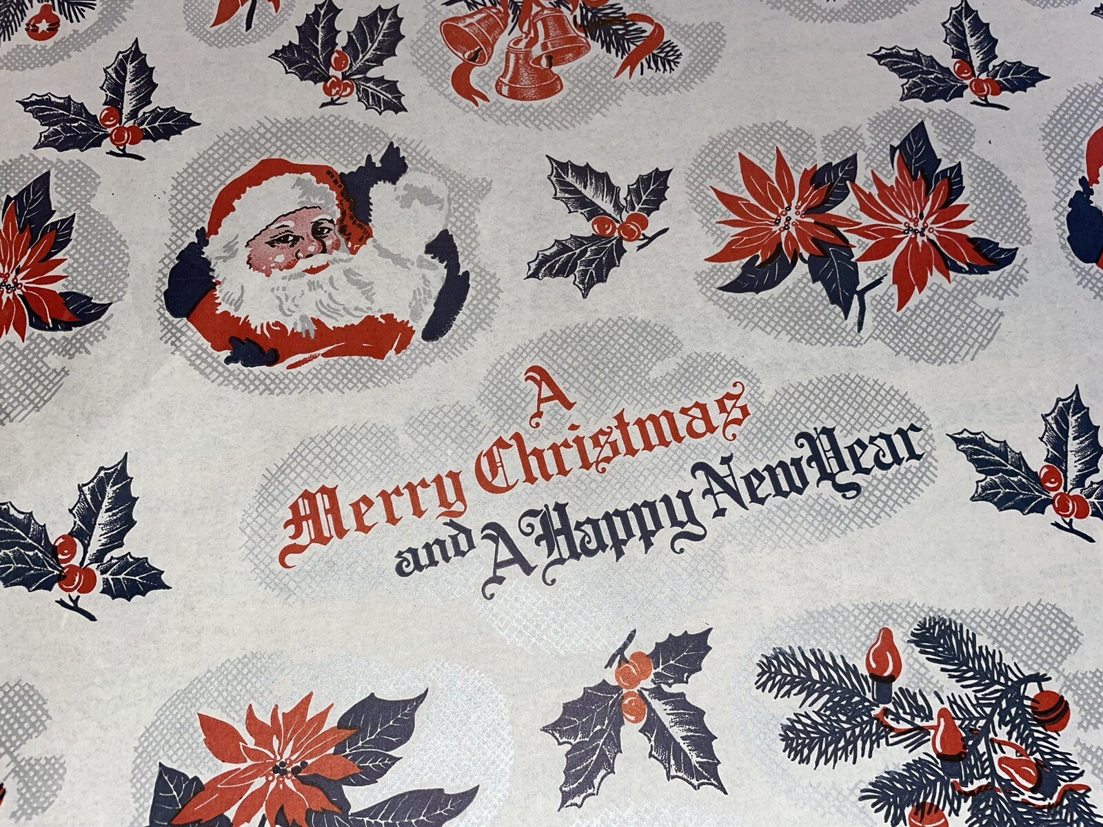 VTG MERRY CHRISTMAS WRAPPING PAPER GIFT WRAP SANTA HOLLY BELLS HAPPY NEW YEAR VTG MERRY CHRISTMAS WRAPPING PAPER GIFT WRAP SANTA HOLLY BELLS HAPPY NEW YEAR