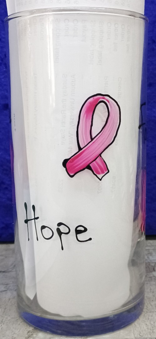 Handpainted Pink Ribbon on Clear Glass Vase; 7.5\