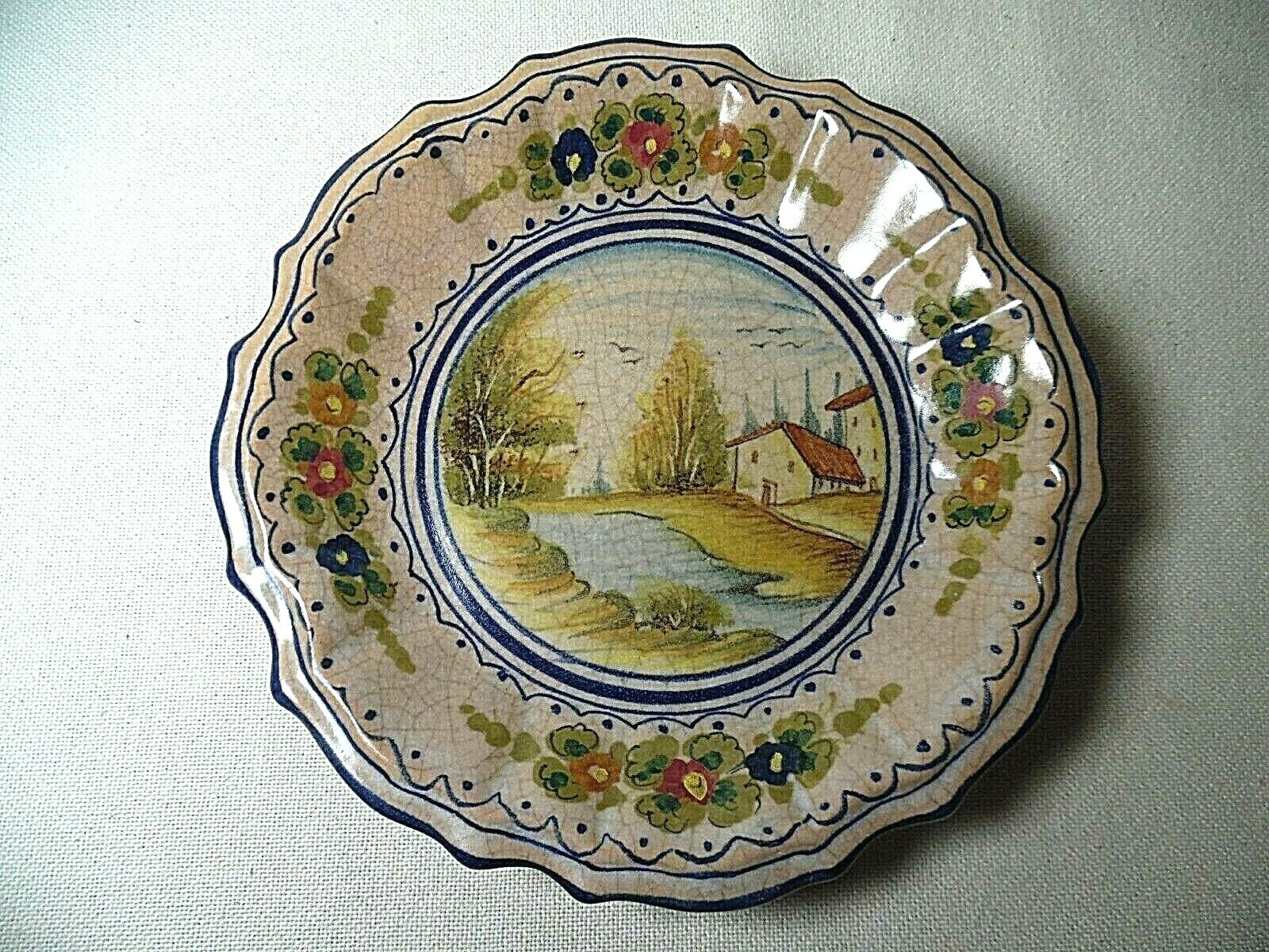 VINTAGE CAMA DERUTA ITALIAN ART POTTERY WALL PLATE COUNTRY VILLA & CREEK SCENE