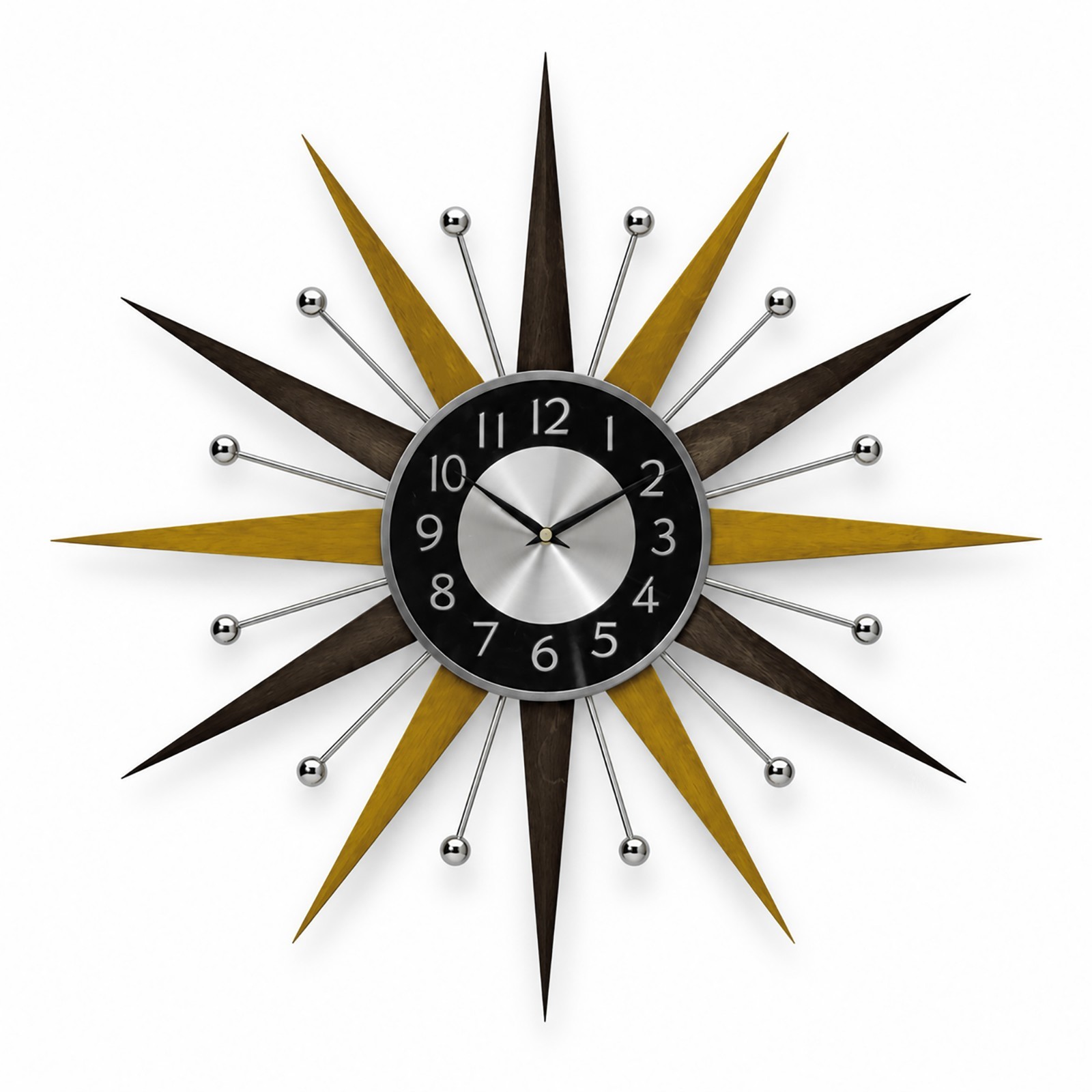 MCM Starburst Sunburst Wall Clock Silver Gold Brown Mid Century Modern Silent
