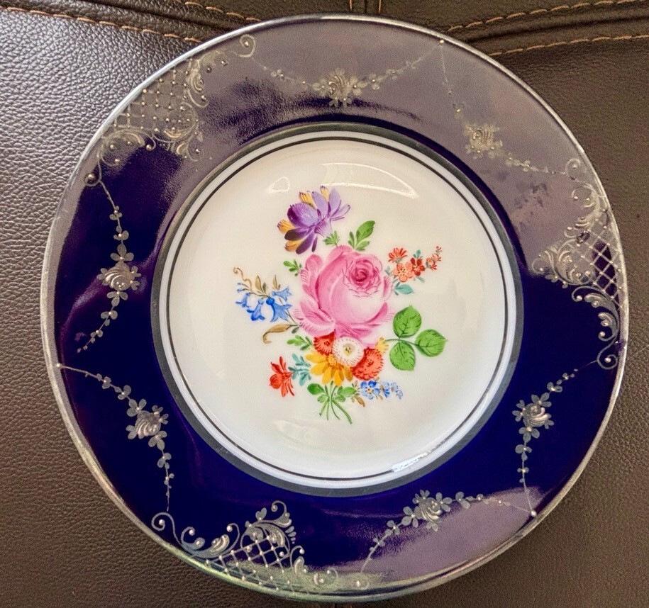 [HUTSCHENREUTHER HOHENBERG]Antique 1939 Hand-Painted Cobalt Blue/Floral -Germany