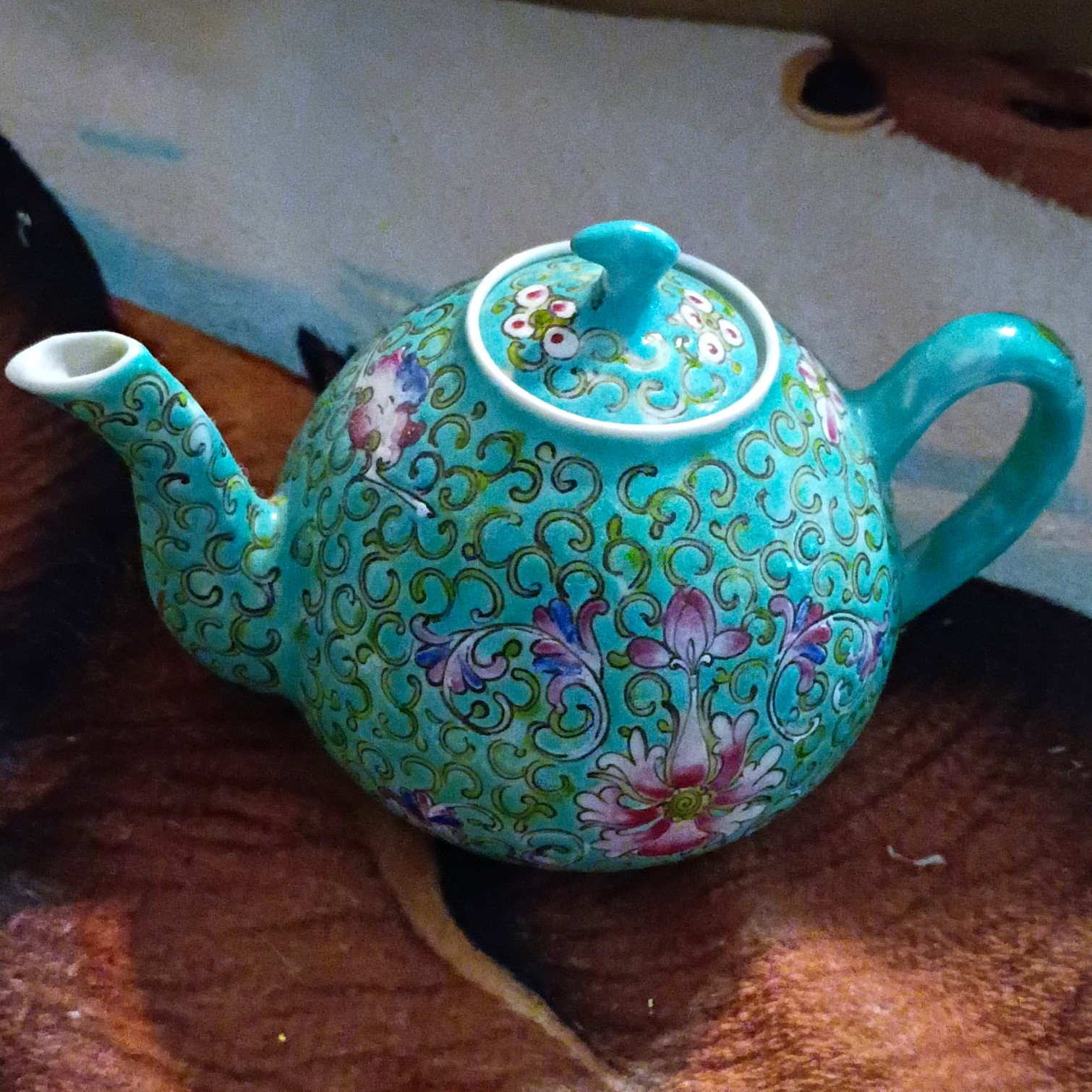 Japanese Turquoise Blue Floral Scroll Porcelain Teapot w/ Character Mark