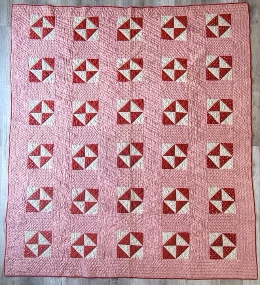 Antique Turkey Red Double Pink Half Square Triangles Patchwork Quilt 1890-1910 Antique Turkey Red Double Pink Half Square Triangles Patchwork Quilt 1890-1910