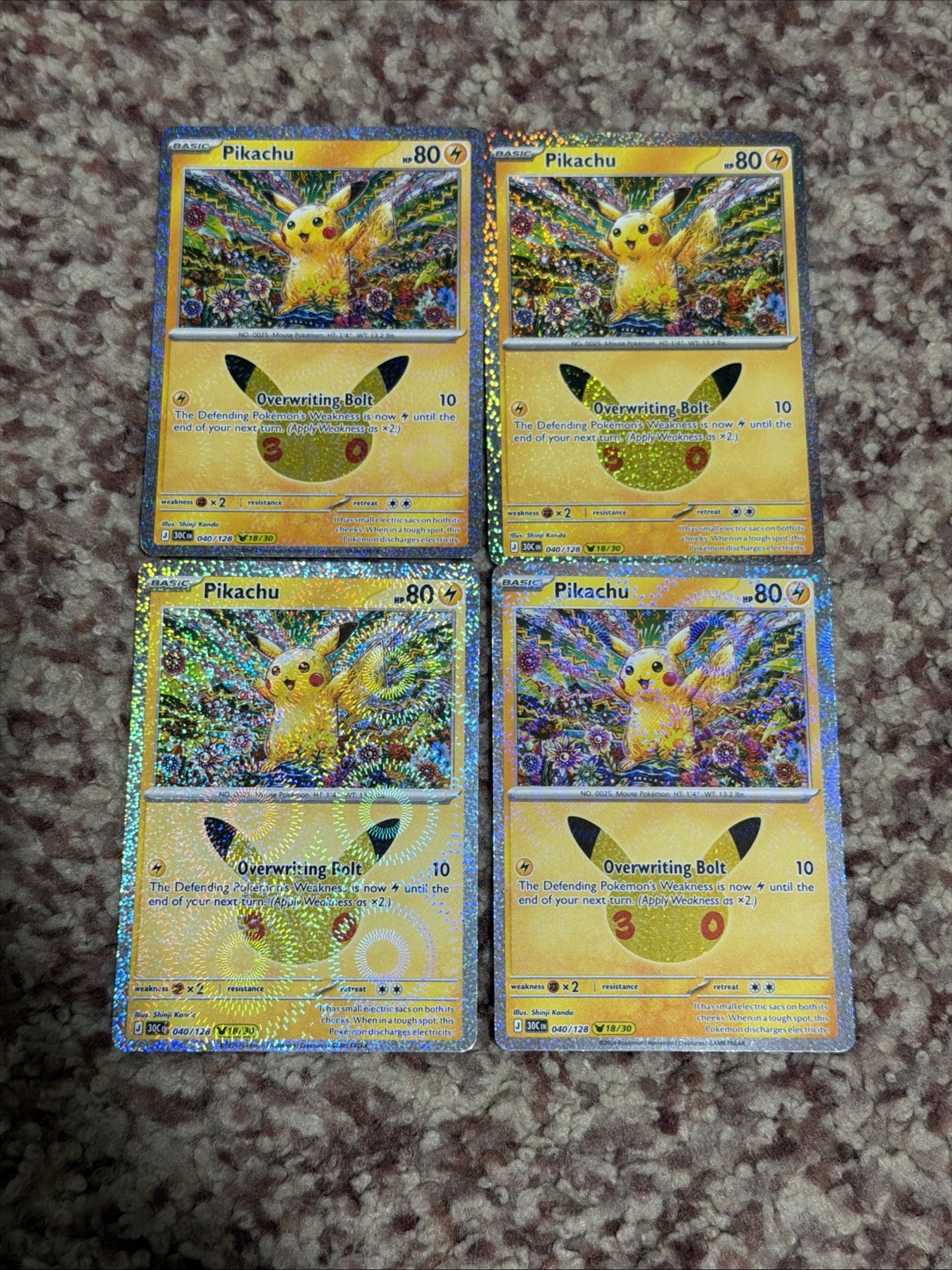 Pikachu Lot 30th Anniversary Pokemon X4 #40/128 18/30 Shinji Kanda