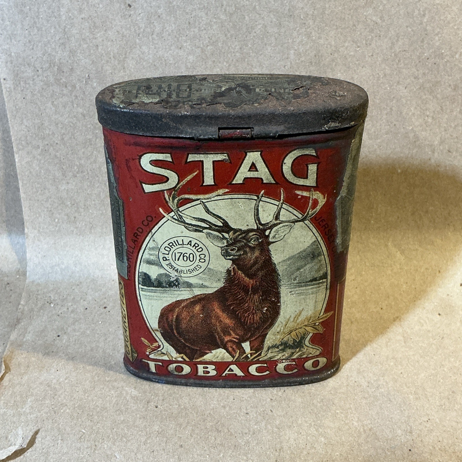 Original Antique Tobacco Tin Stag Tobacco P Lorillard Co. As Is INV-AT22