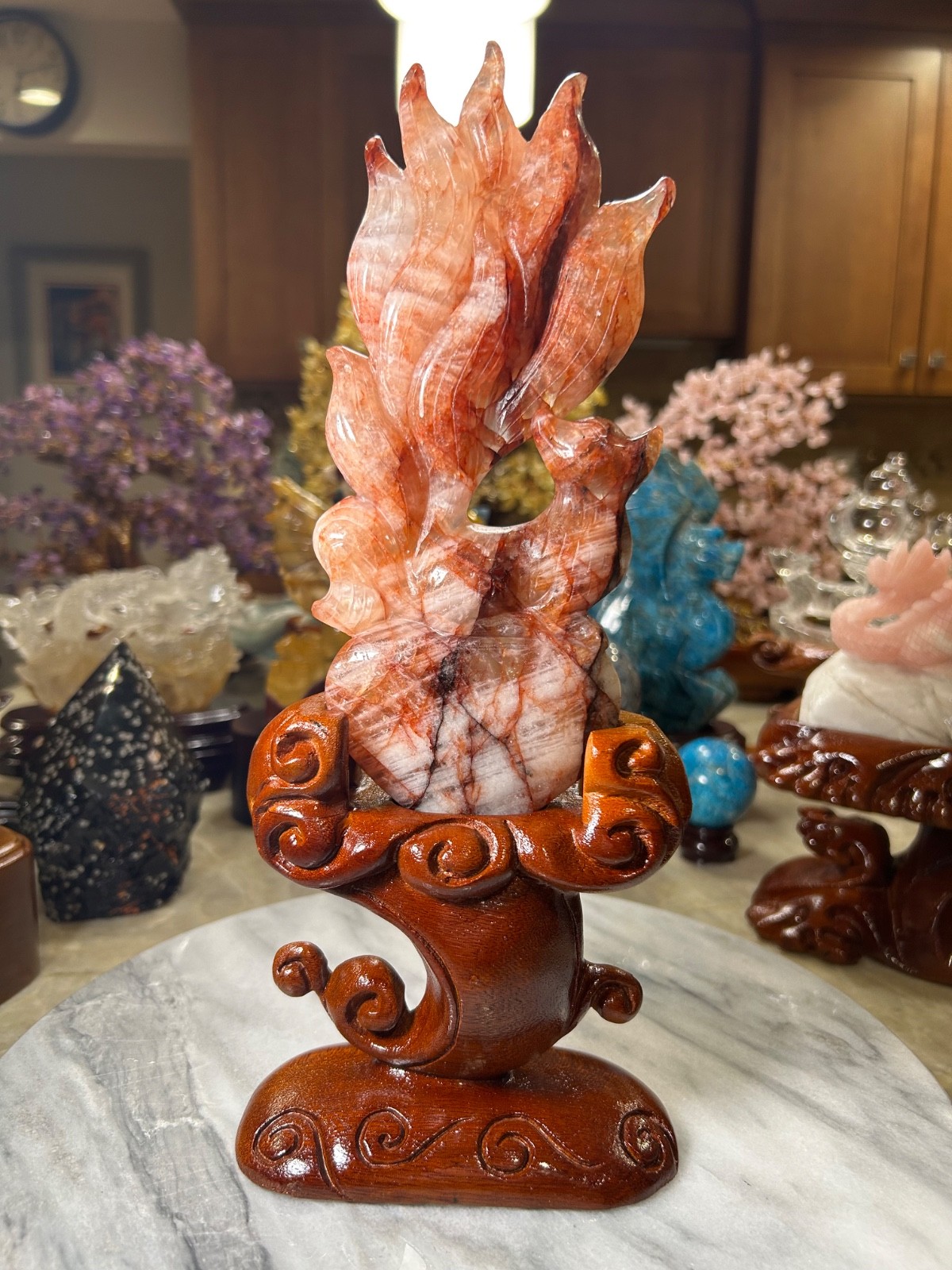 9 nine tail Fox Fire quartz hand carved with custom wood stand 9 nine tail Fox Fire quartz hand carved with custom wood stand