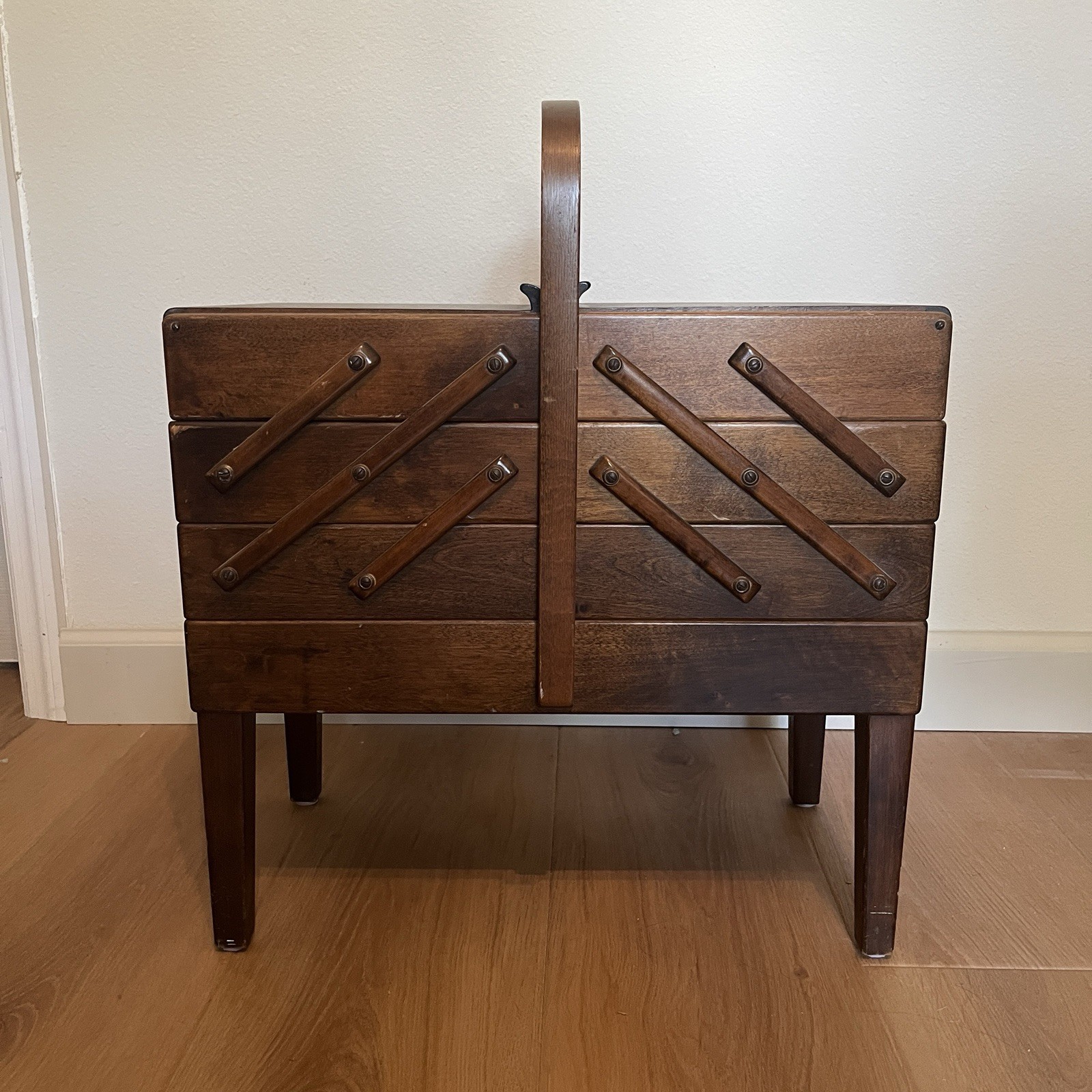 Strommen Bruk Hamar Norway Accordion Style Wood Sewing Box Chest 