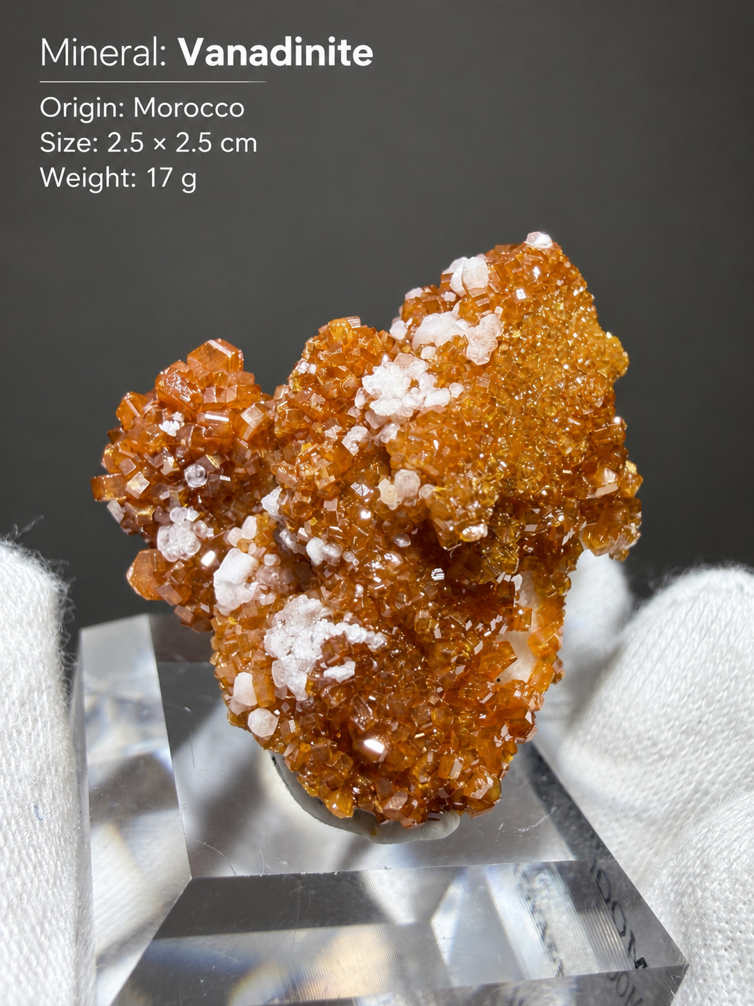 Vanadinite Crystal Cluster from Morocco – Bright Orange Crystals – 17g