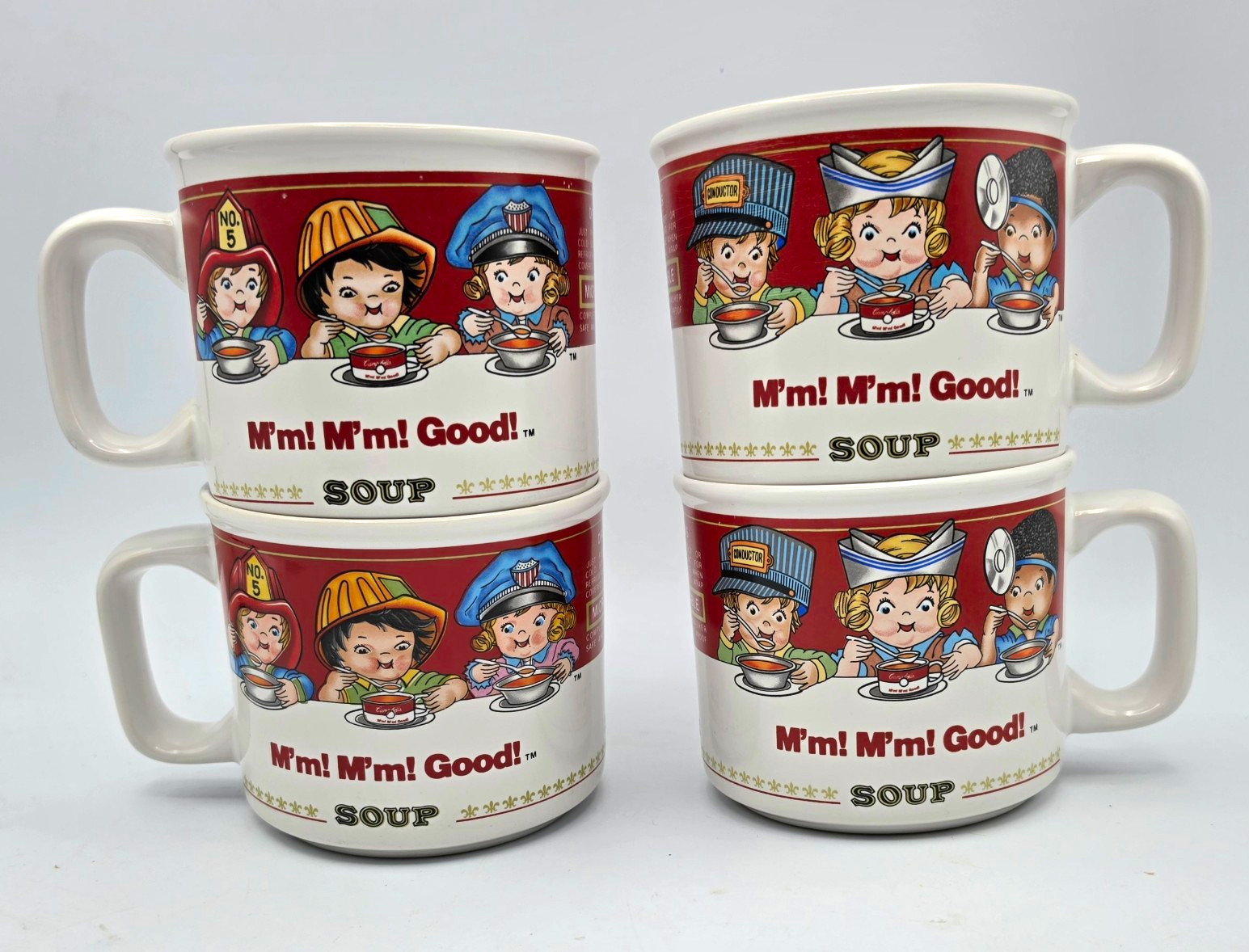 Campbell Soup Co. Set of 4 Soup Kids M'm M'm Good  Mugs White/Red 1993