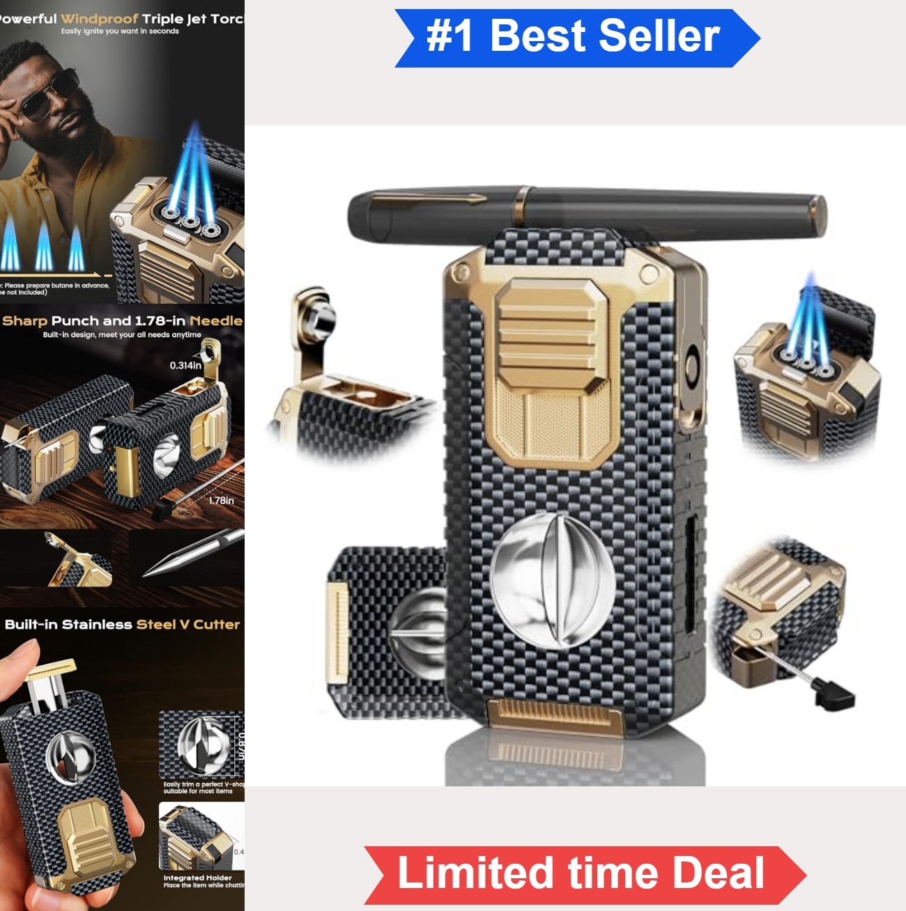 Torch Lighter 5 in 1 Butane Refillable Triple Windproof Jet Flame Cutter Punch