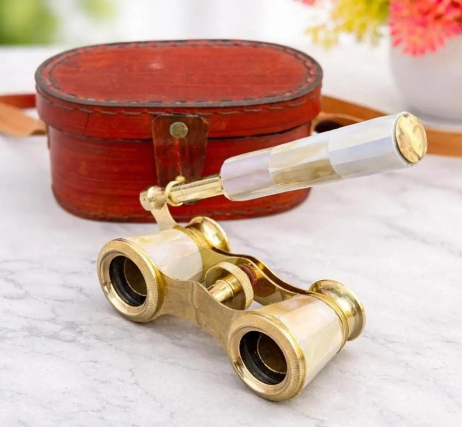 Brass Opera Glasses Mother of Pearl Handle Leather Case Victorian Binoculars Brass Opera Glasses Mother of Pearl Handle Leather Case Victorian Binoculars