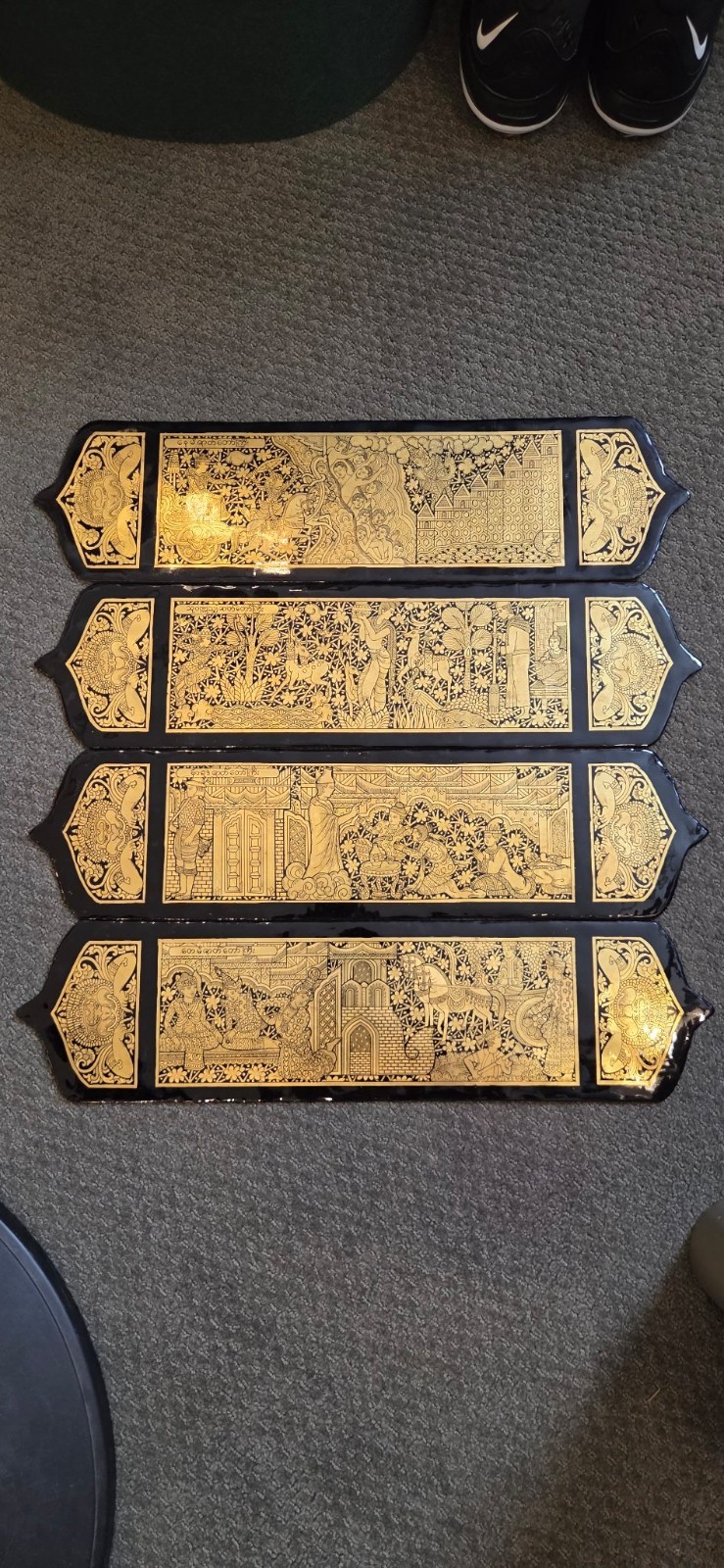 Vintage Burmese Lacquer Panels Set of 4 Gold Gilt Black Narrative Wall Art
