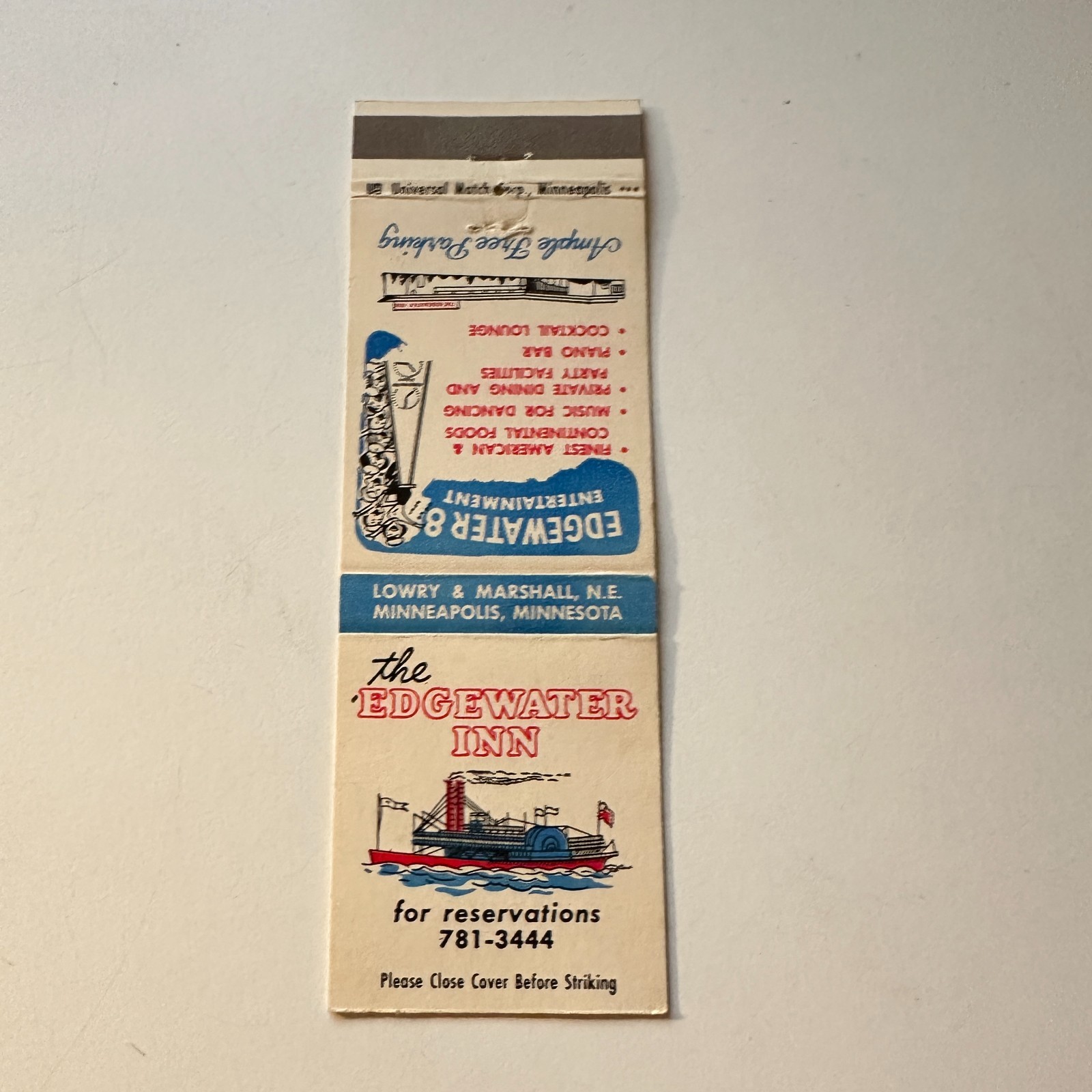 The Edgewater Inn Minneapolis MN Vintage Matchbook Cover 5MB124-6