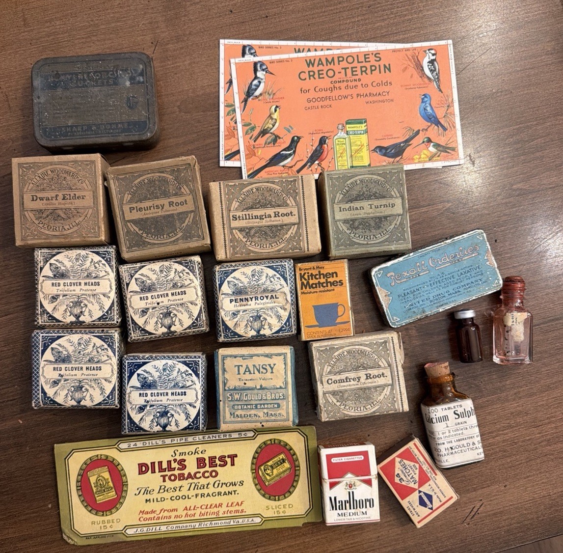 Vintage Apothecary Medicine Lot 22 Tins Bottles Boxes Woodward Gould Etc