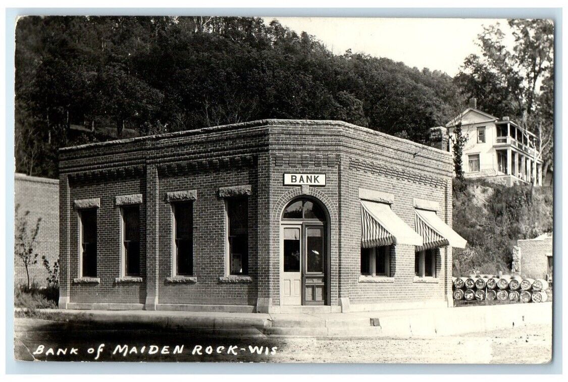 1914 Bank Building View Barrels Maiden Rock Wisconsin WI RPPC Photo Postcard