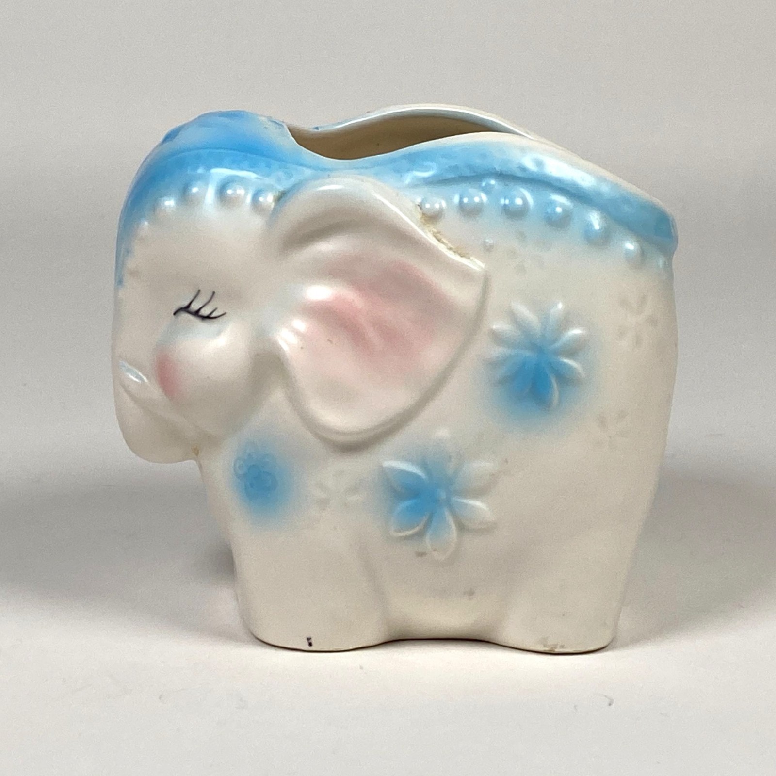Vintage Narco Elephant Planter E-3350 Ceramic Blue Pink Nursery Baby 3.5