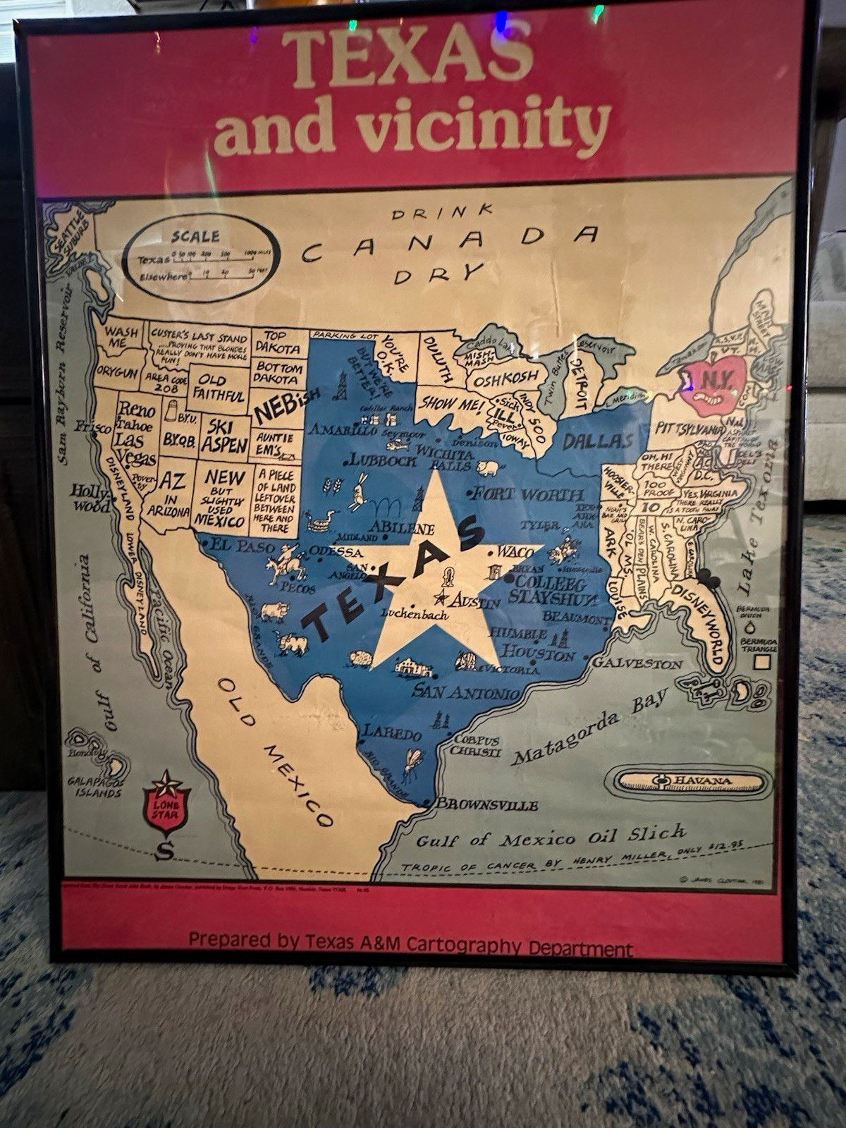Vintage 1981 James Cloutier “Texas and Vicinity” 16x20 Poster – Great Texas Joke
